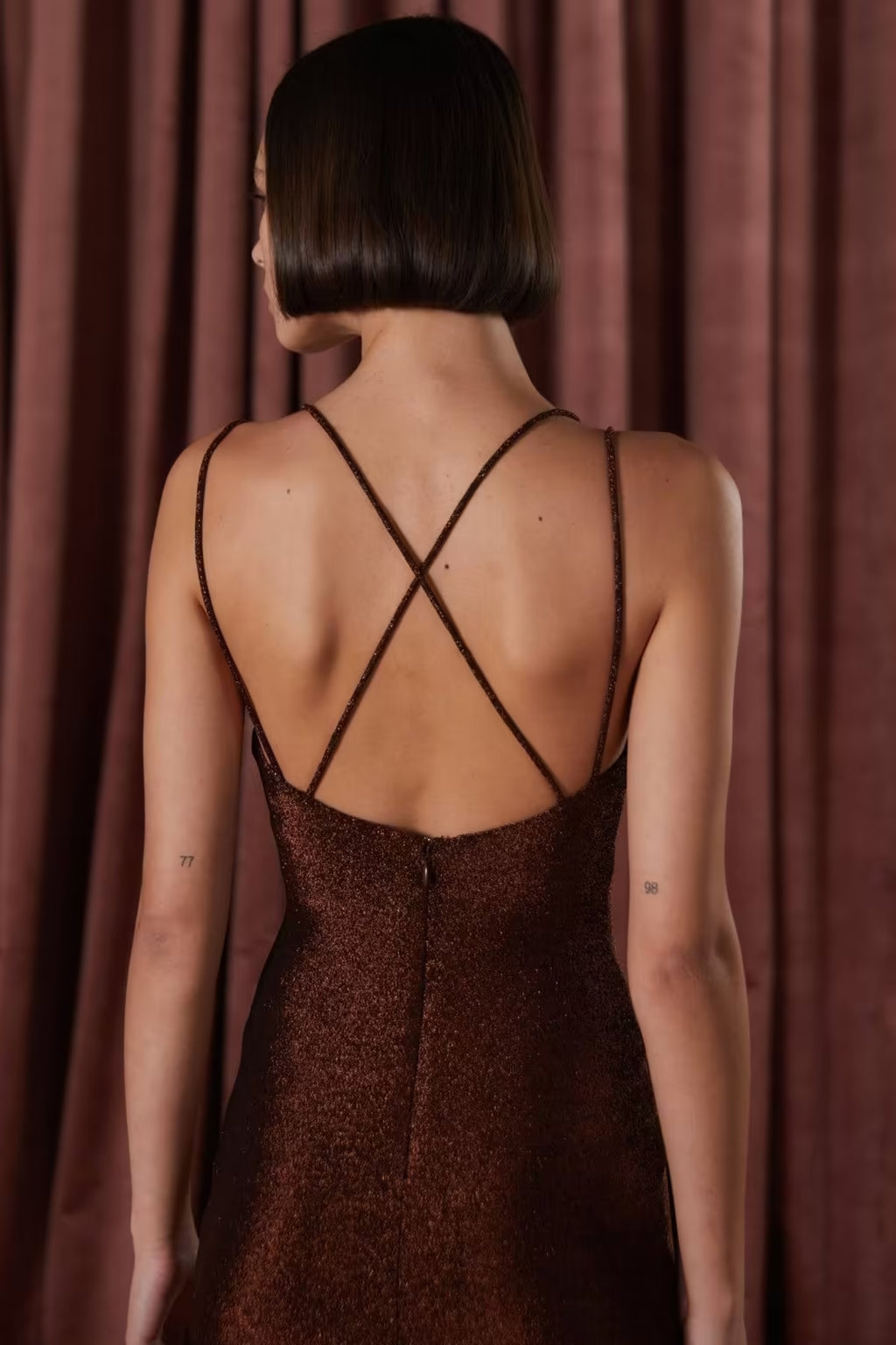 Copper slinky jersey midi dress, open back crisscross straps with oval cutout