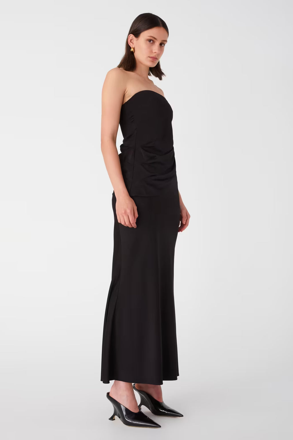 Black satin midi skirt, strapless silhouette with draped side detail