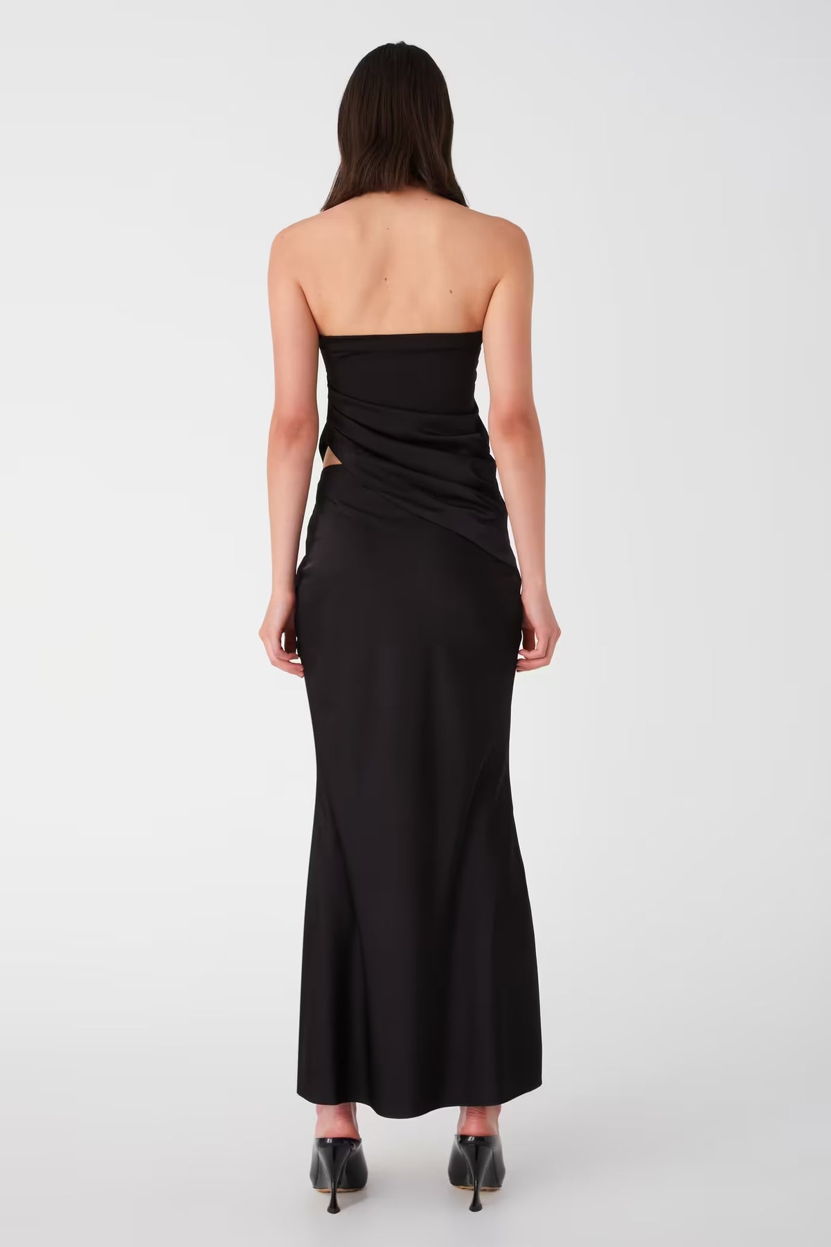 Black satin midi skirt with strapless back and draped waist