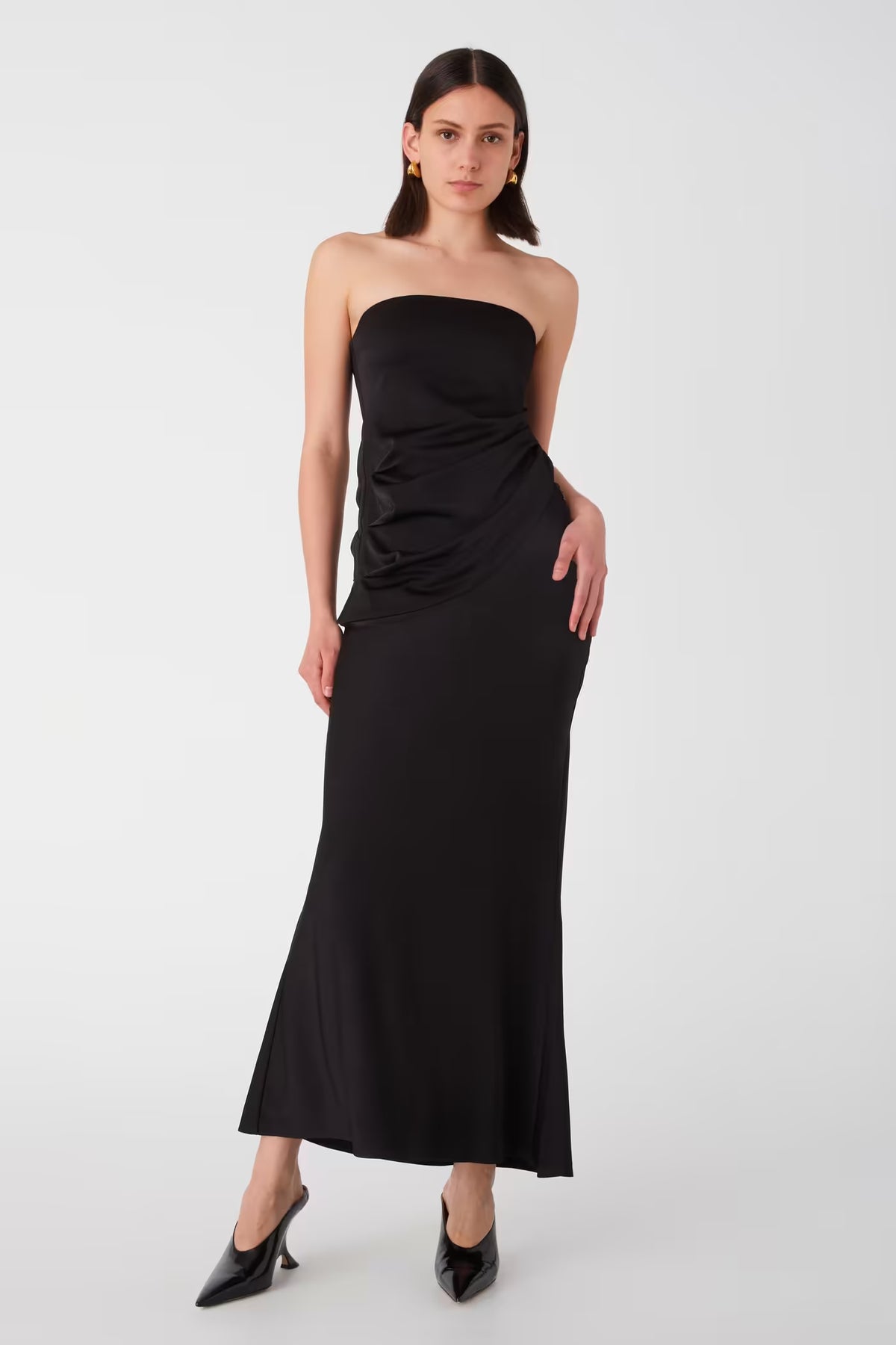 Black satin midi skirt, strapless with gathered waist drape