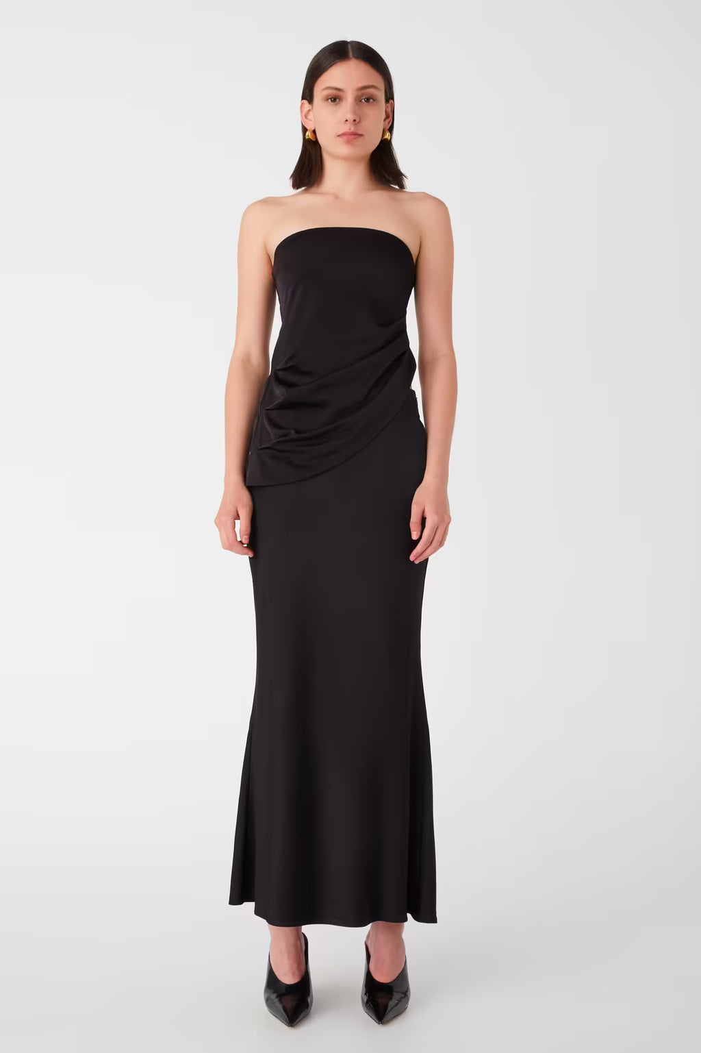 Black satin midi skirt, strapless with draped side ruching