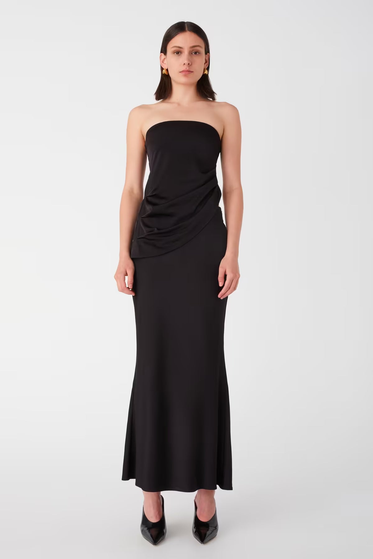 Black satin midi skirt, strapless with draped side ruching