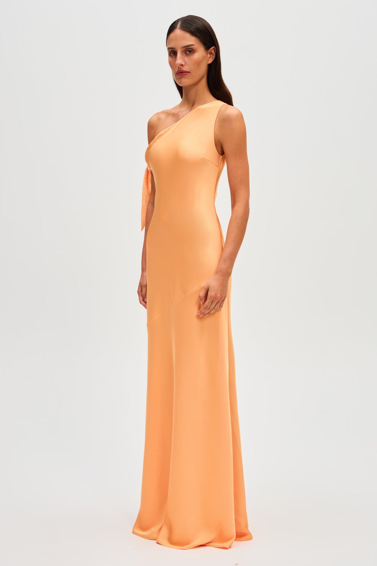 Tangerine satin one-shoulder maxi dress with twisted strap detail