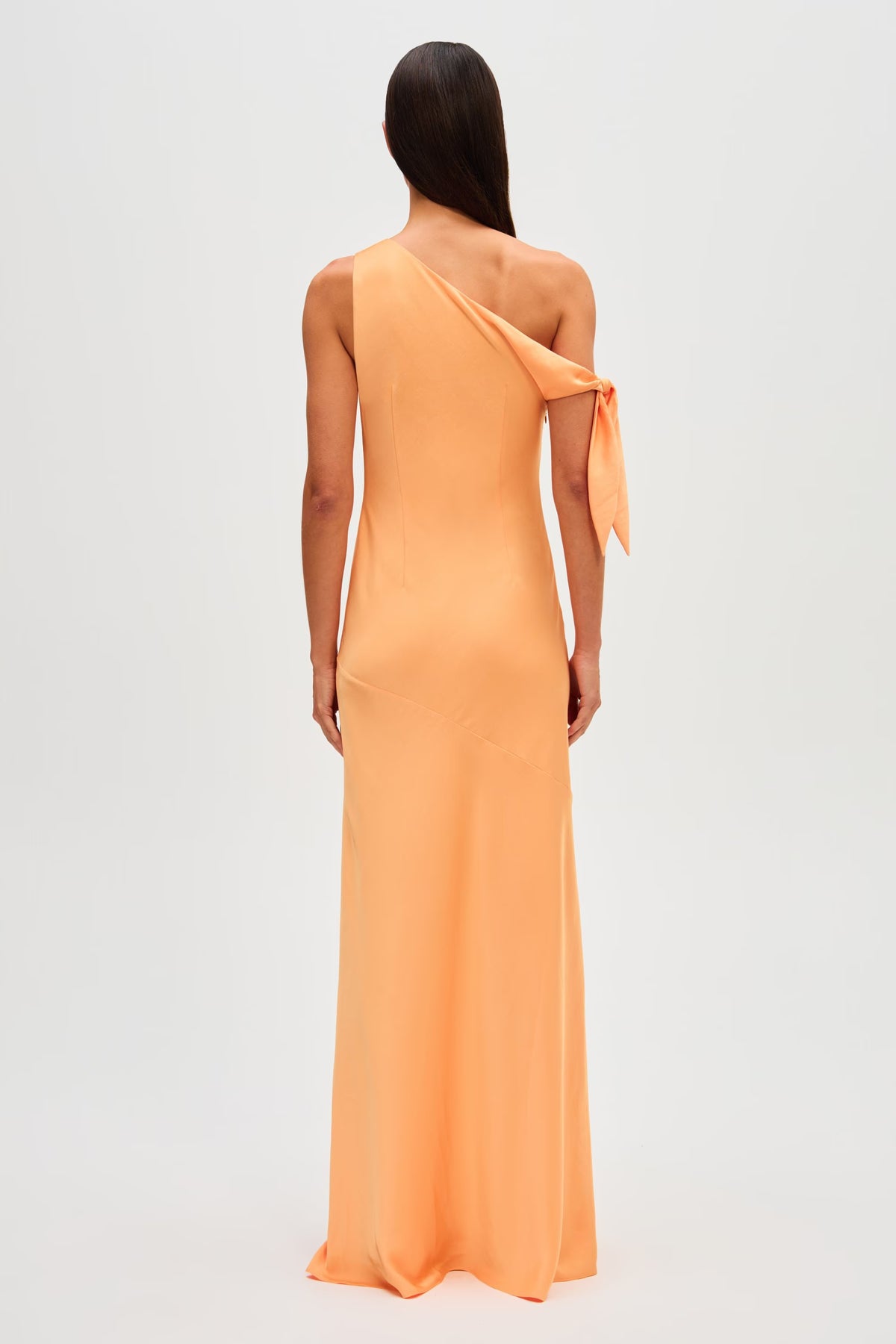 Tangerine satin maxi dress, open-back one-shoulder with tie strap