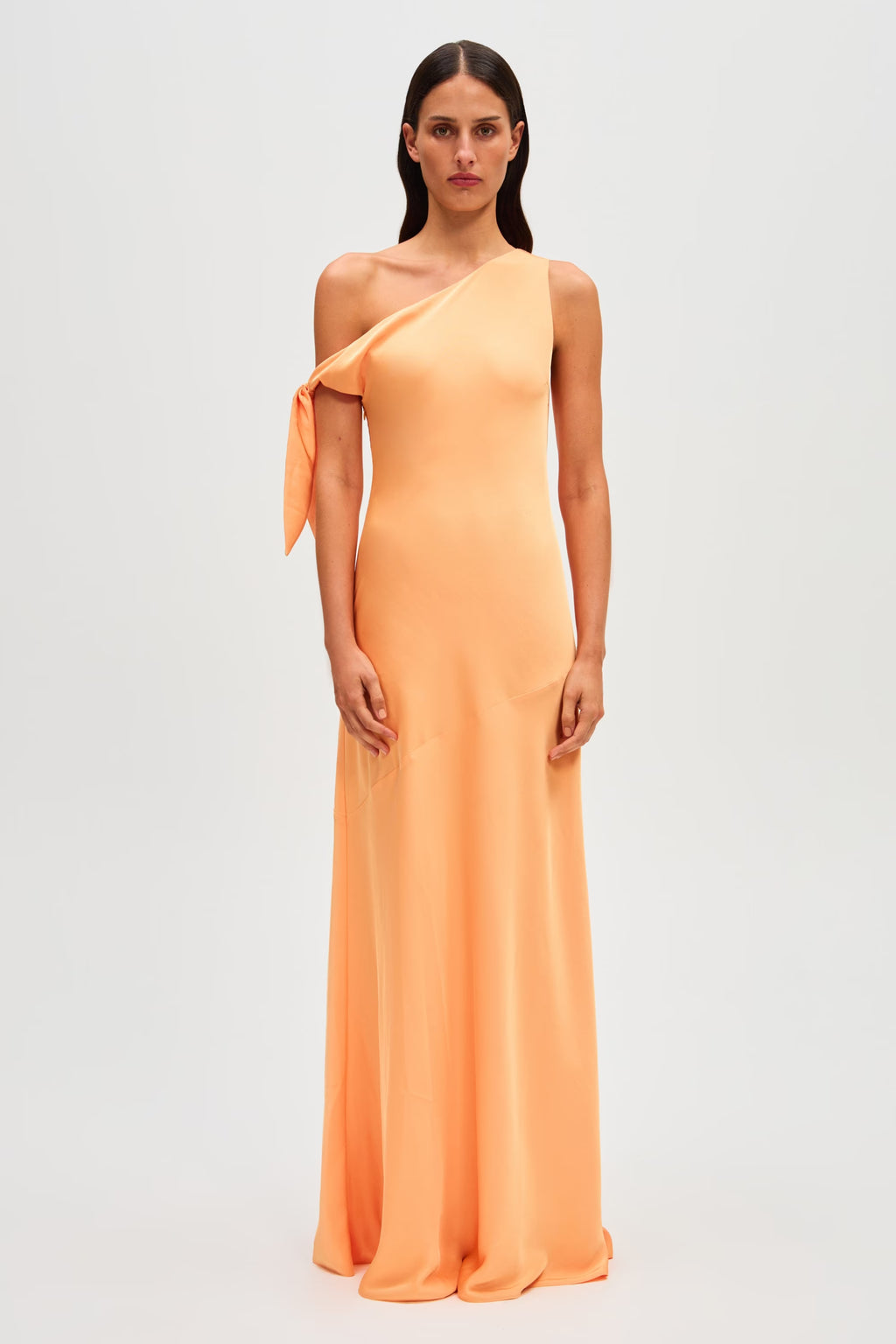 Tangerine satin maxi dress with one-shoulder neckline and knotted strap