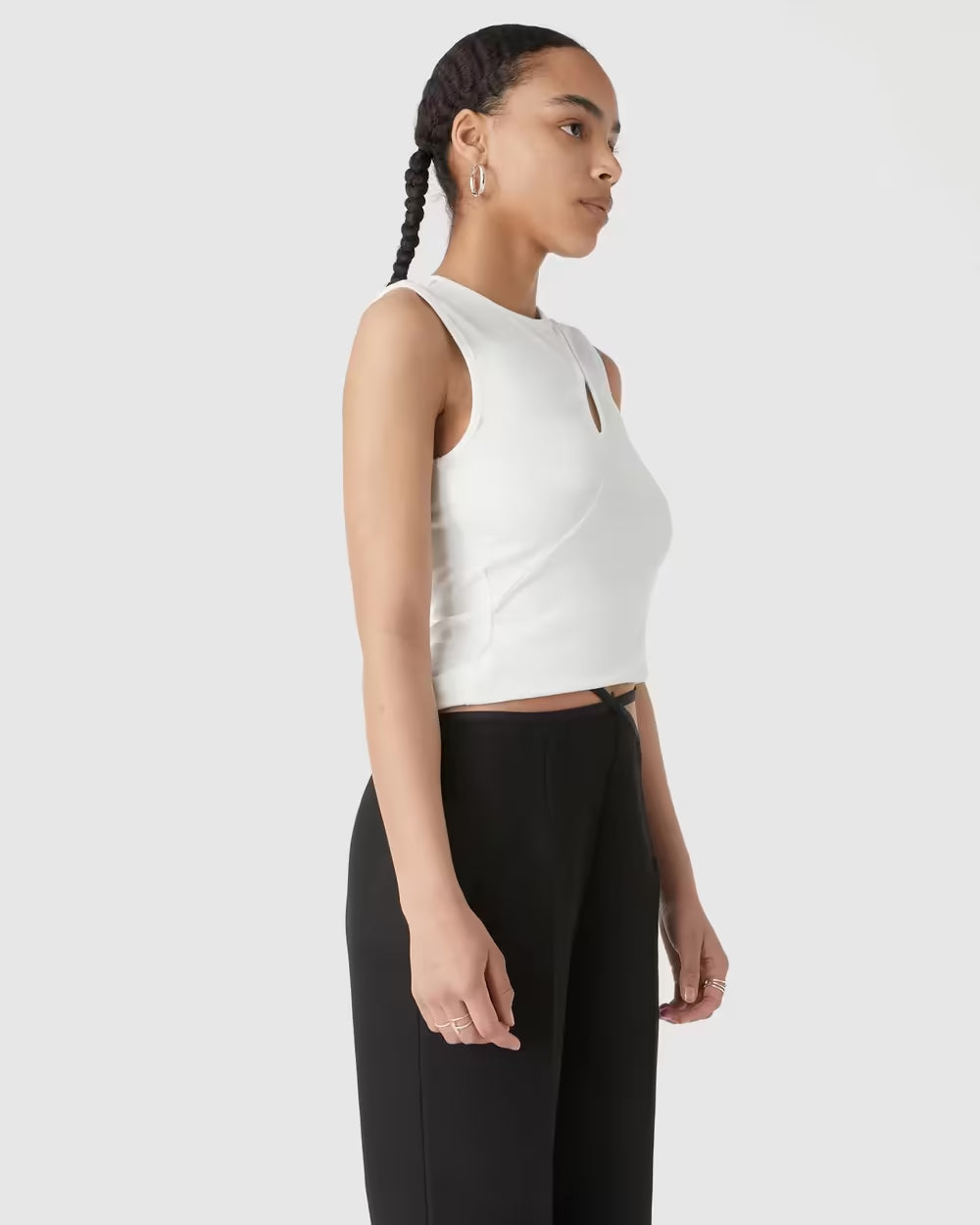Ivory ribbed jersey tank top with racerback and keyhole cutout
