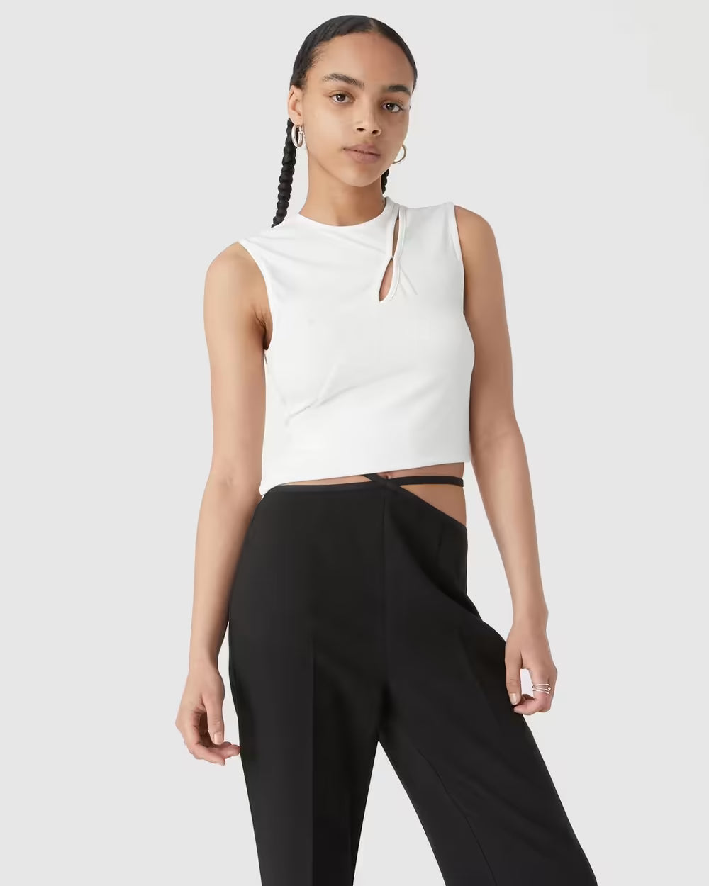 Ivory ribbed jersey tank top with racerback and keyhole cutout, front view