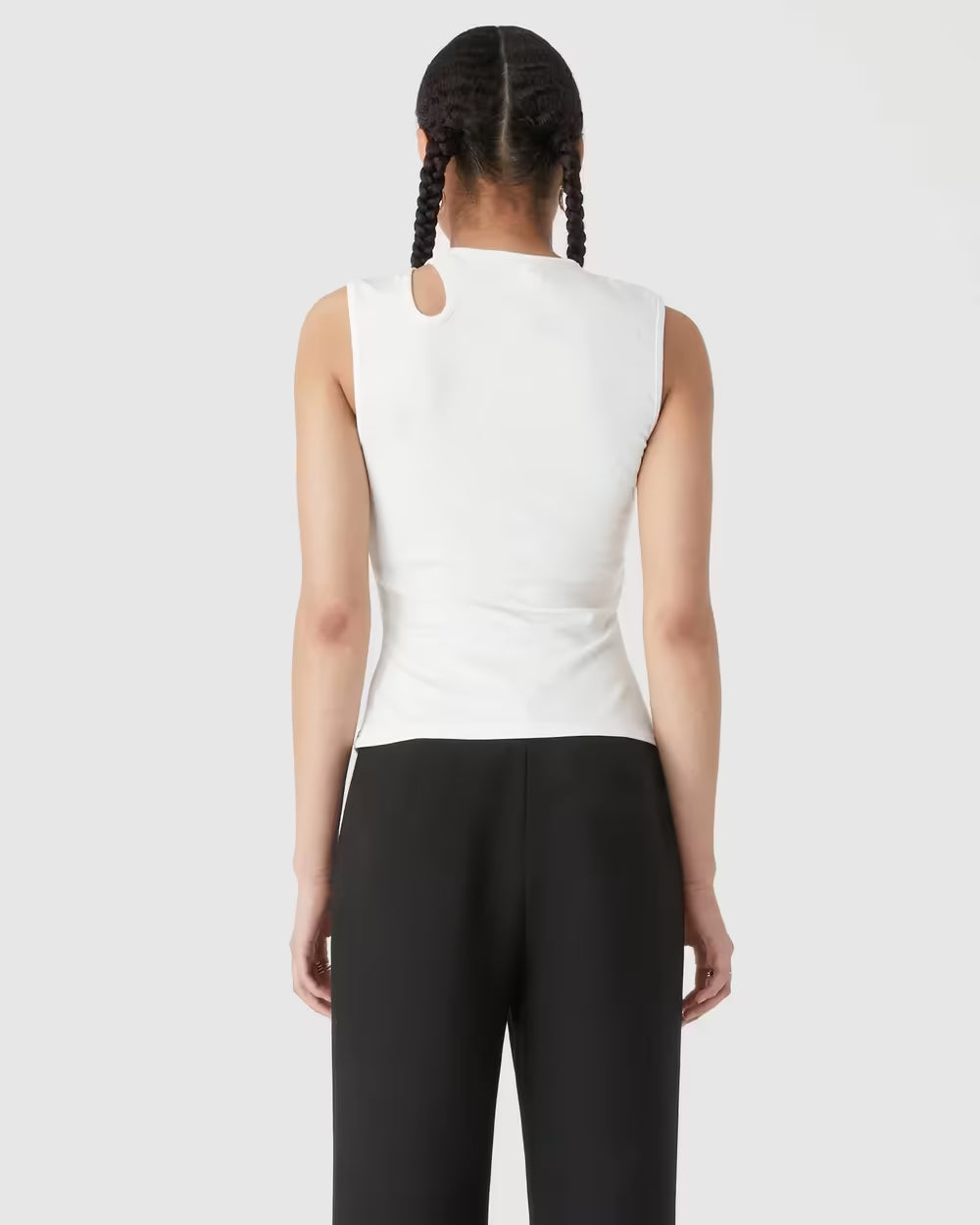Ivory ribbed jersey tank top with open back neckline
