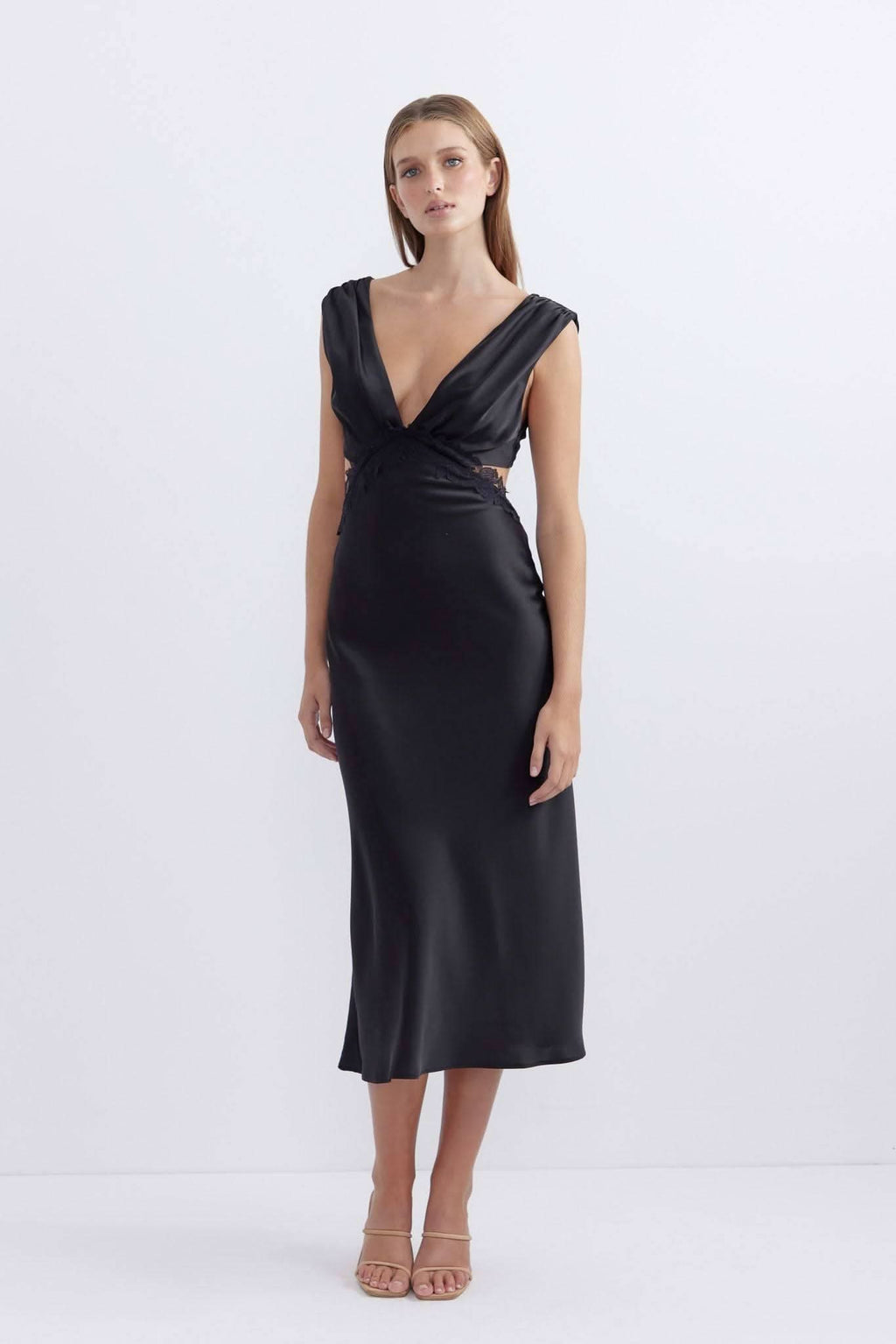 Black satin midi dress with draped V-neck and cap-style shoulder design.
