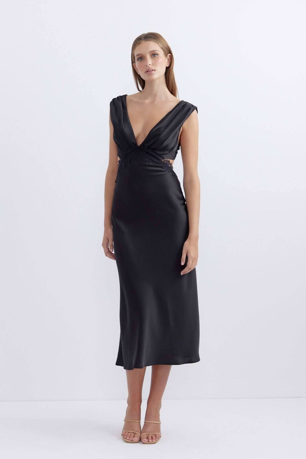 Black satin midi dress with draped V-neck and cap-style shoulder design.