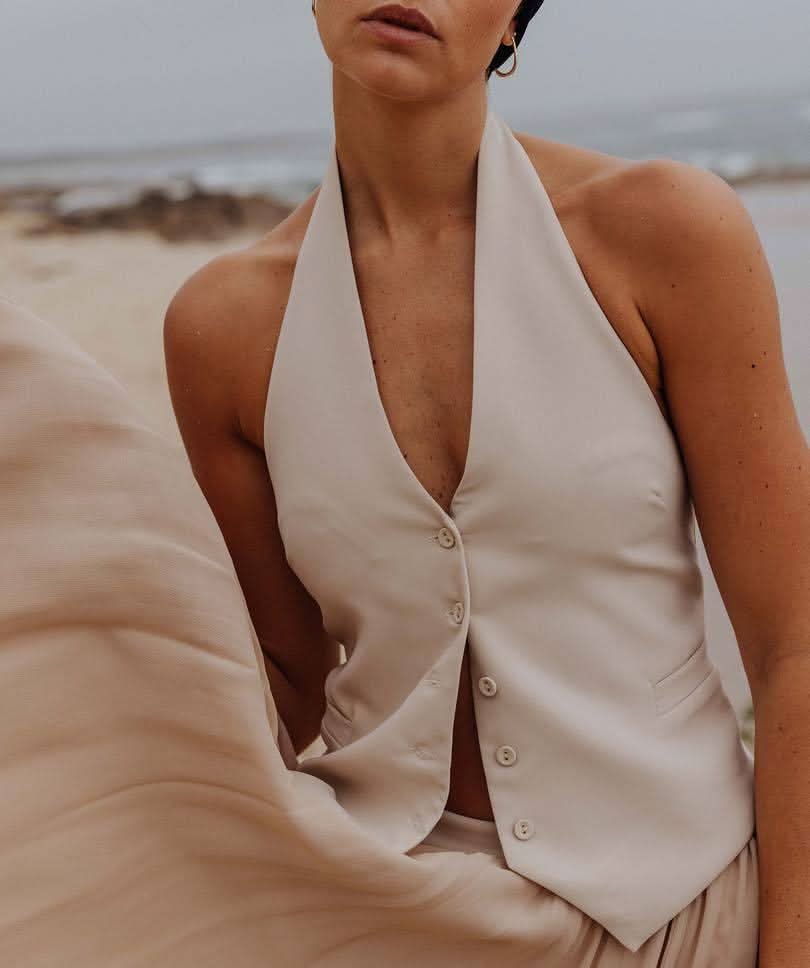 Stone button-front halter vest with V-neck, sleeveless