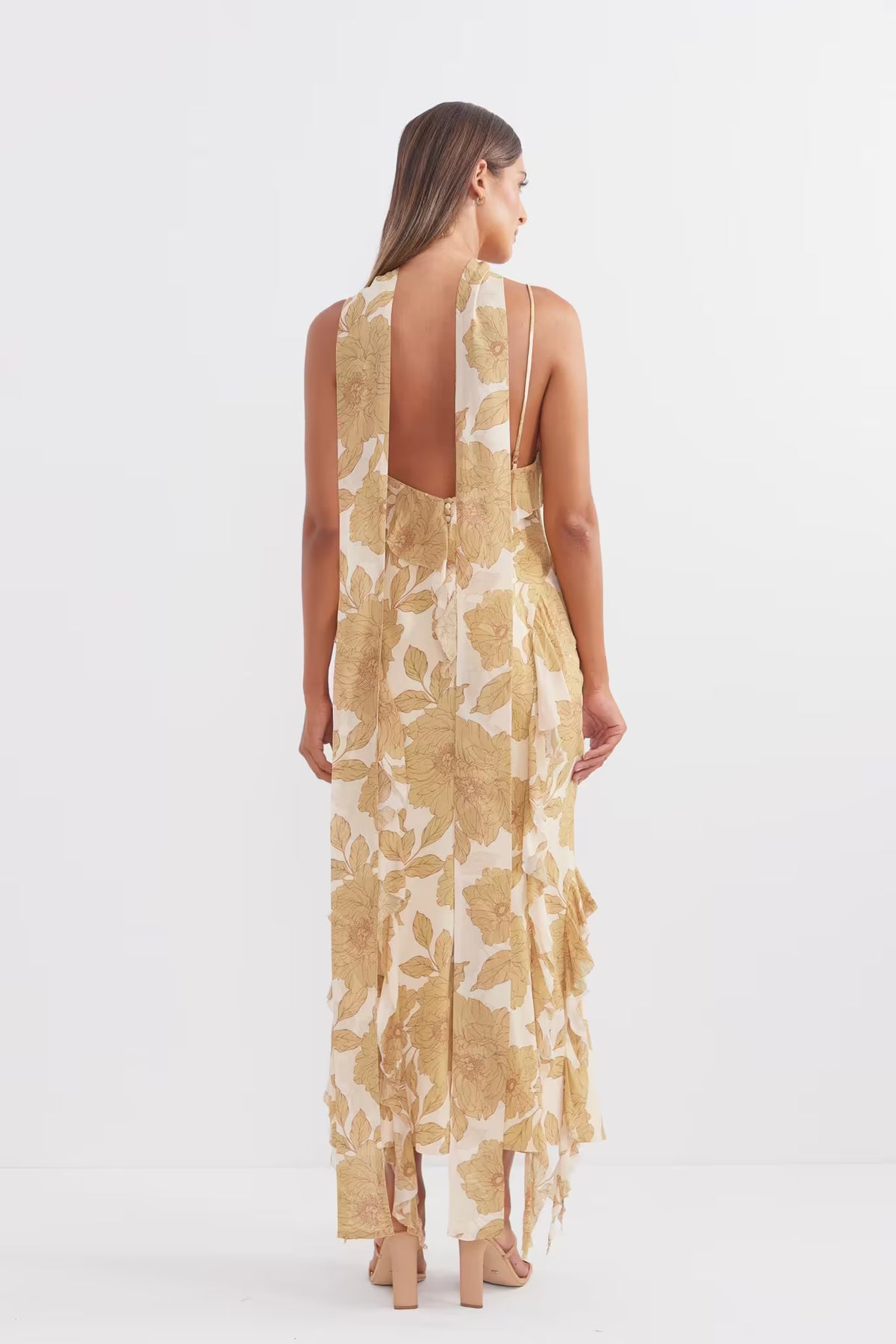 Golden midi dress, open back with spaghetti straps, cascading ruffle tiers