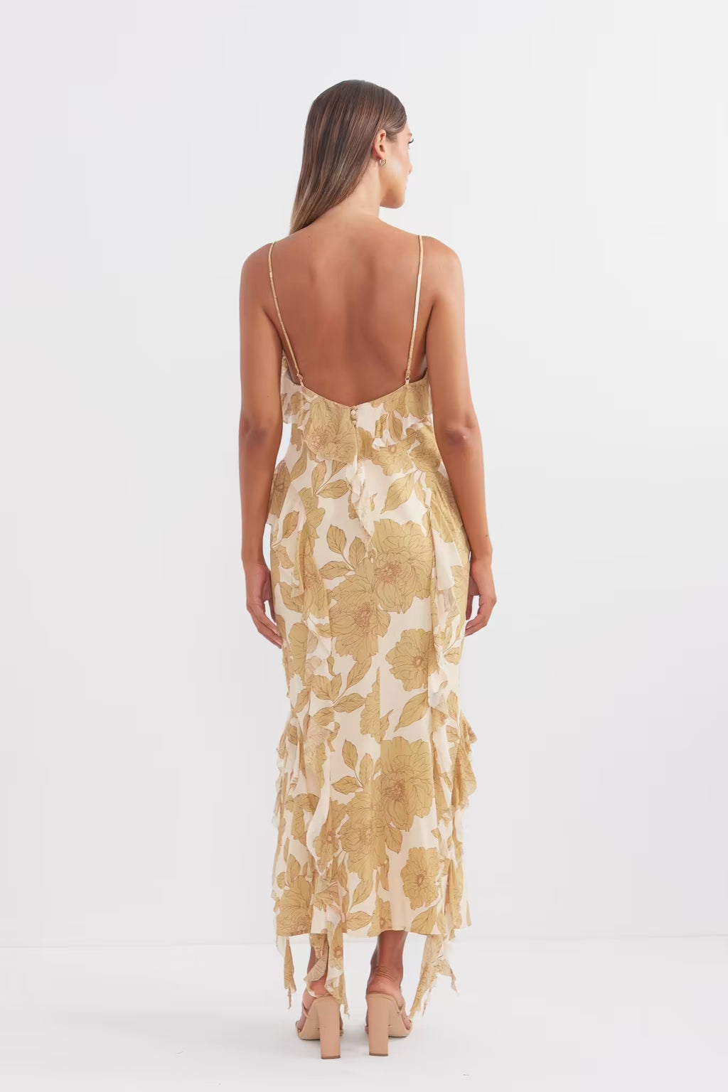Golden midi dress open-back design with thin straps and layered fringe ruffles