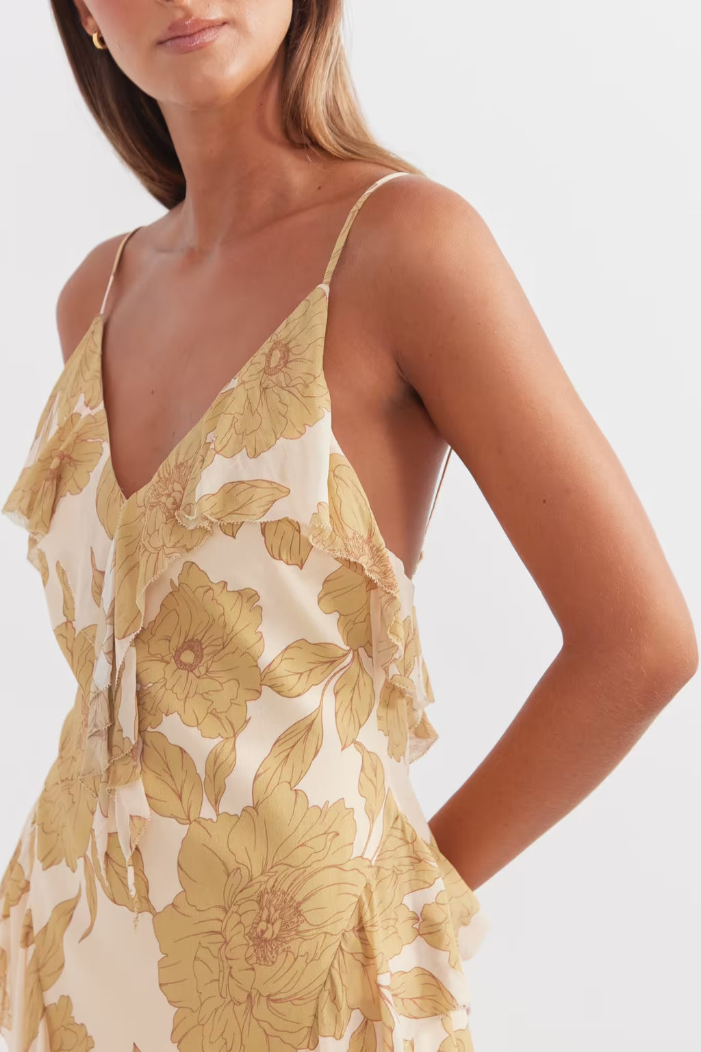 Golden floral midi dress bodice with V-neck and thin adjustable straps