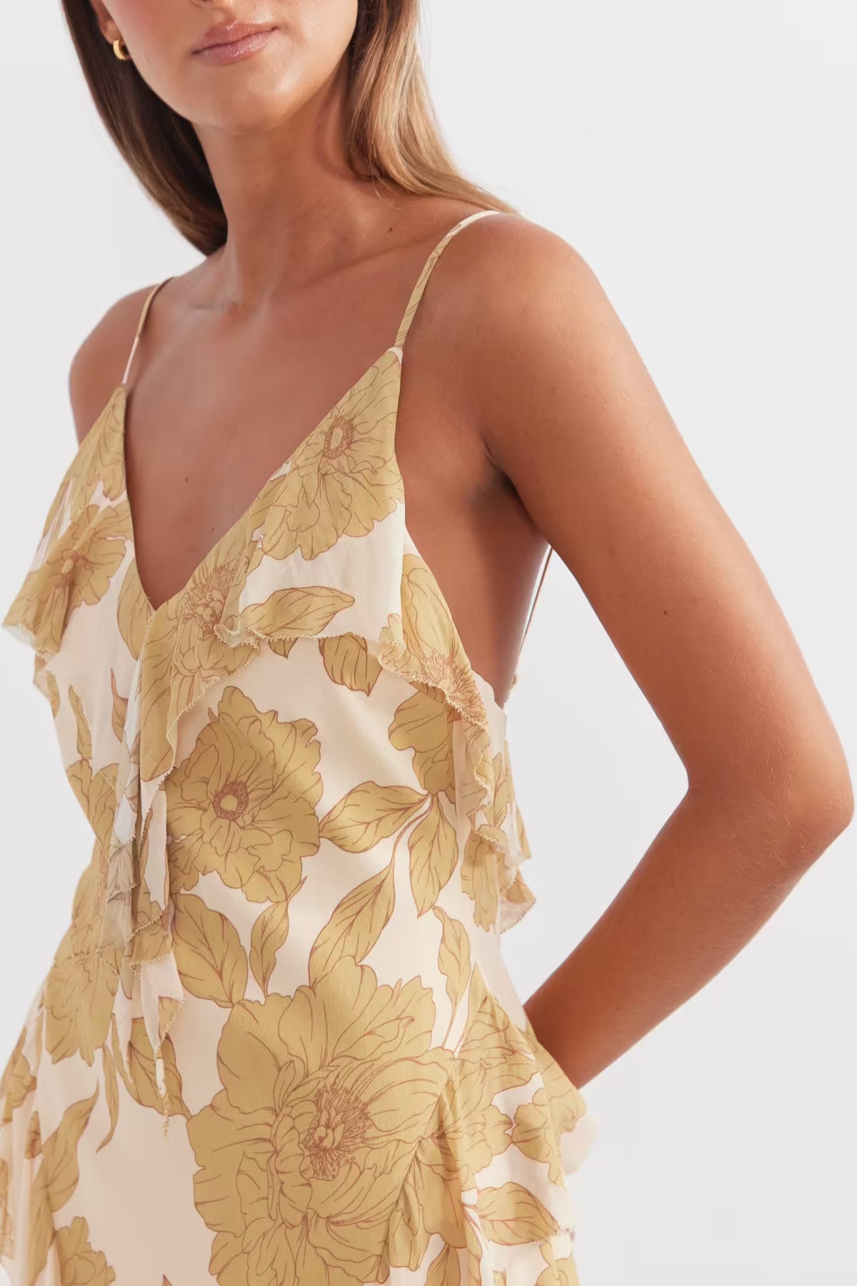 Golden floral midi dress bodice with V-neck and thin adjustable straps