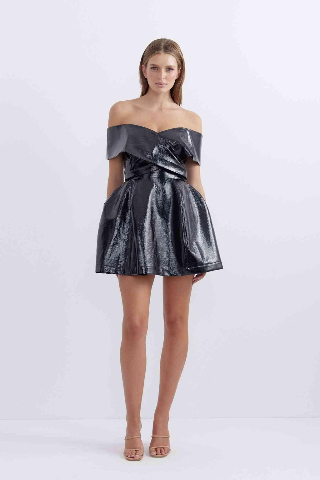 Black metallic off-shoulder dress with twisted front detail and full A-line skirt