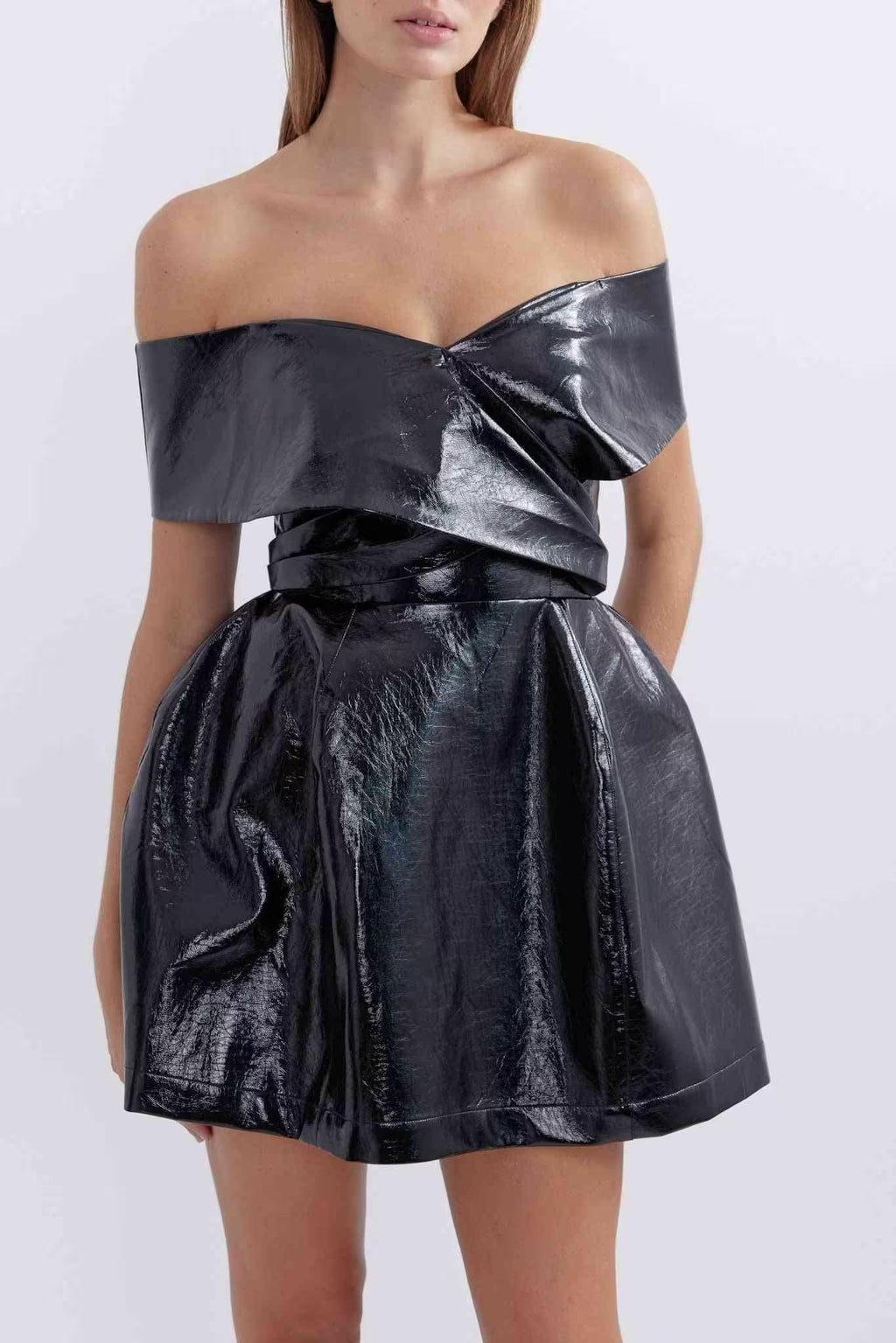 Black metallic off-shoulder mini dress with twisted waist and gathered A-line skirt