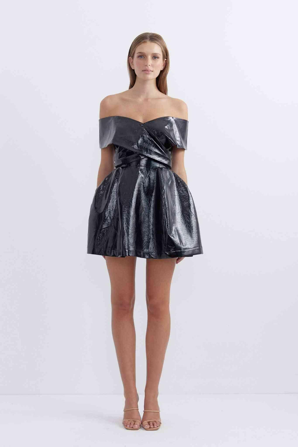 Off-shoulder black metallic skater dress with draped waist and flared skirt