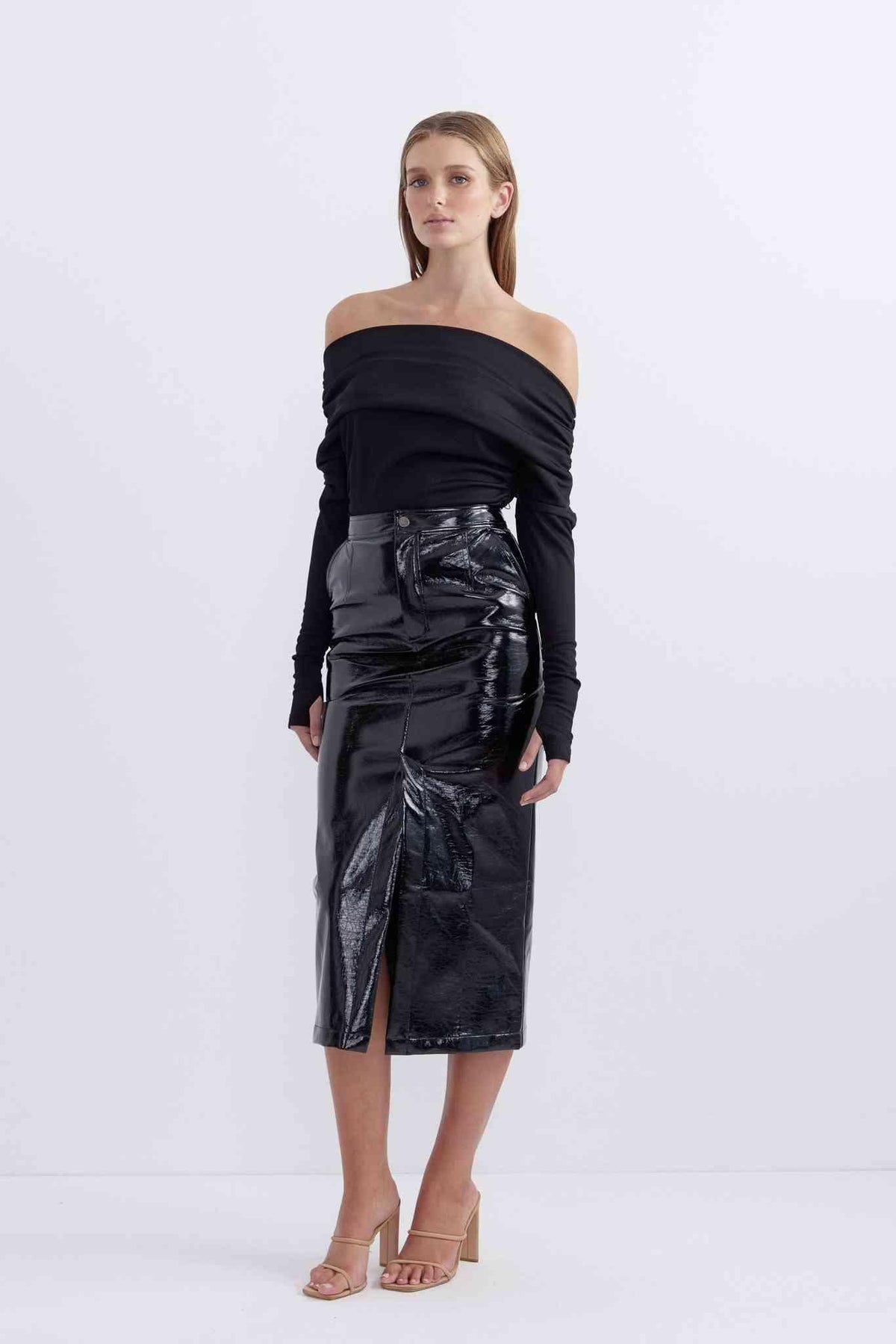 Patent black midi skirt with fitted waist and front slit, front band detail