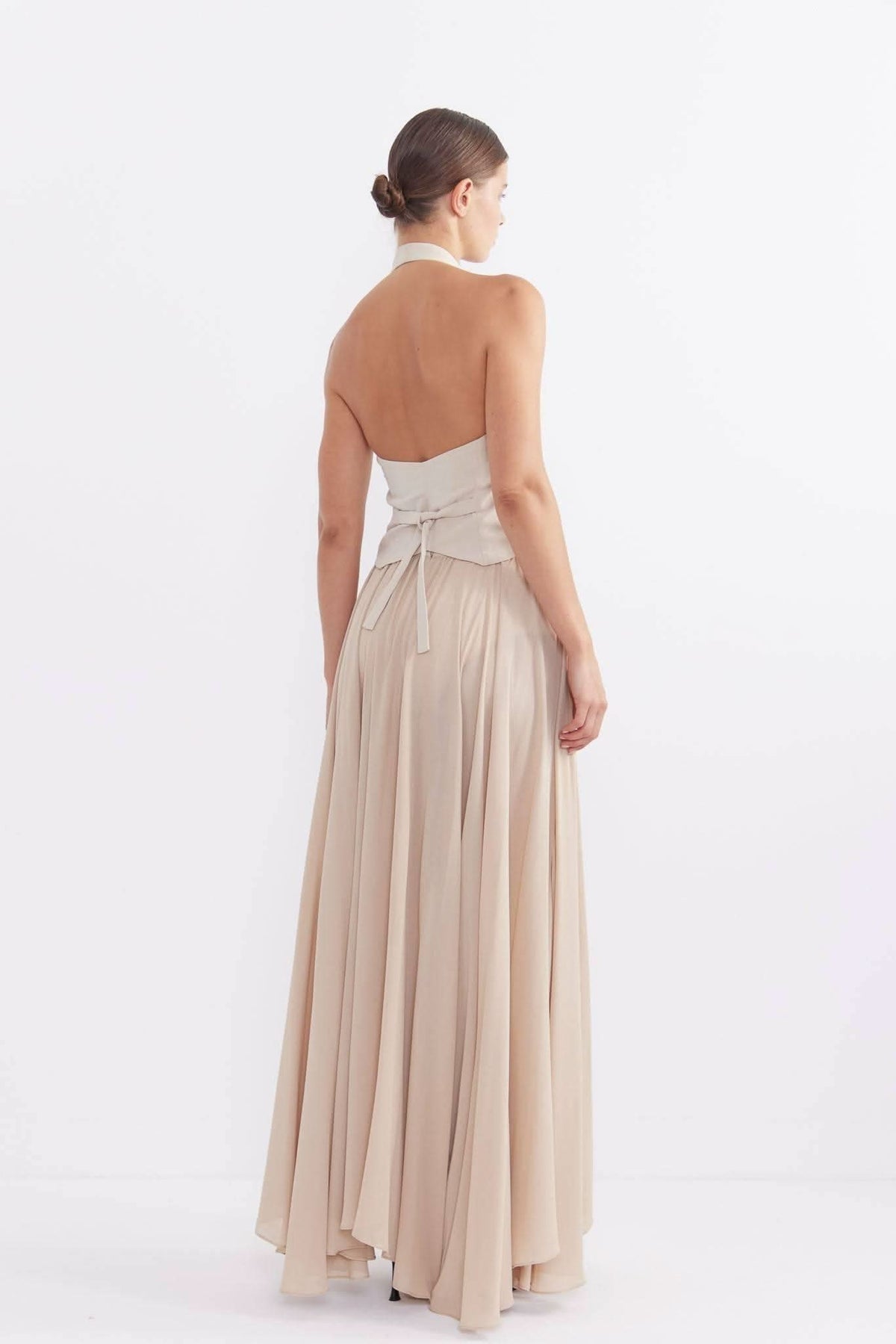 Stone maxi skirt with gathered tiers and open back waist seam