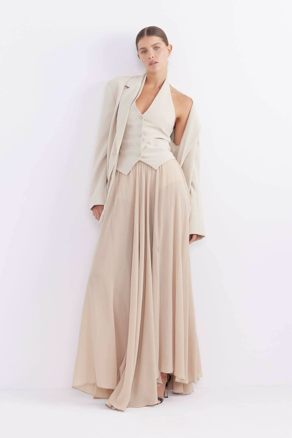 Stone long maxi skirt with gathered tiers and front waist tie