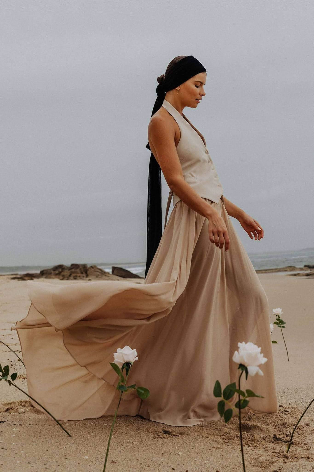 Stone maxi skirt with full gathered drape and flowing hem