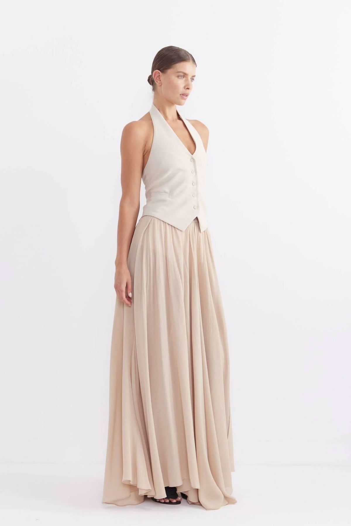 Stone sleeveless top and stone maxi skirt set; skirt has gathered pleats