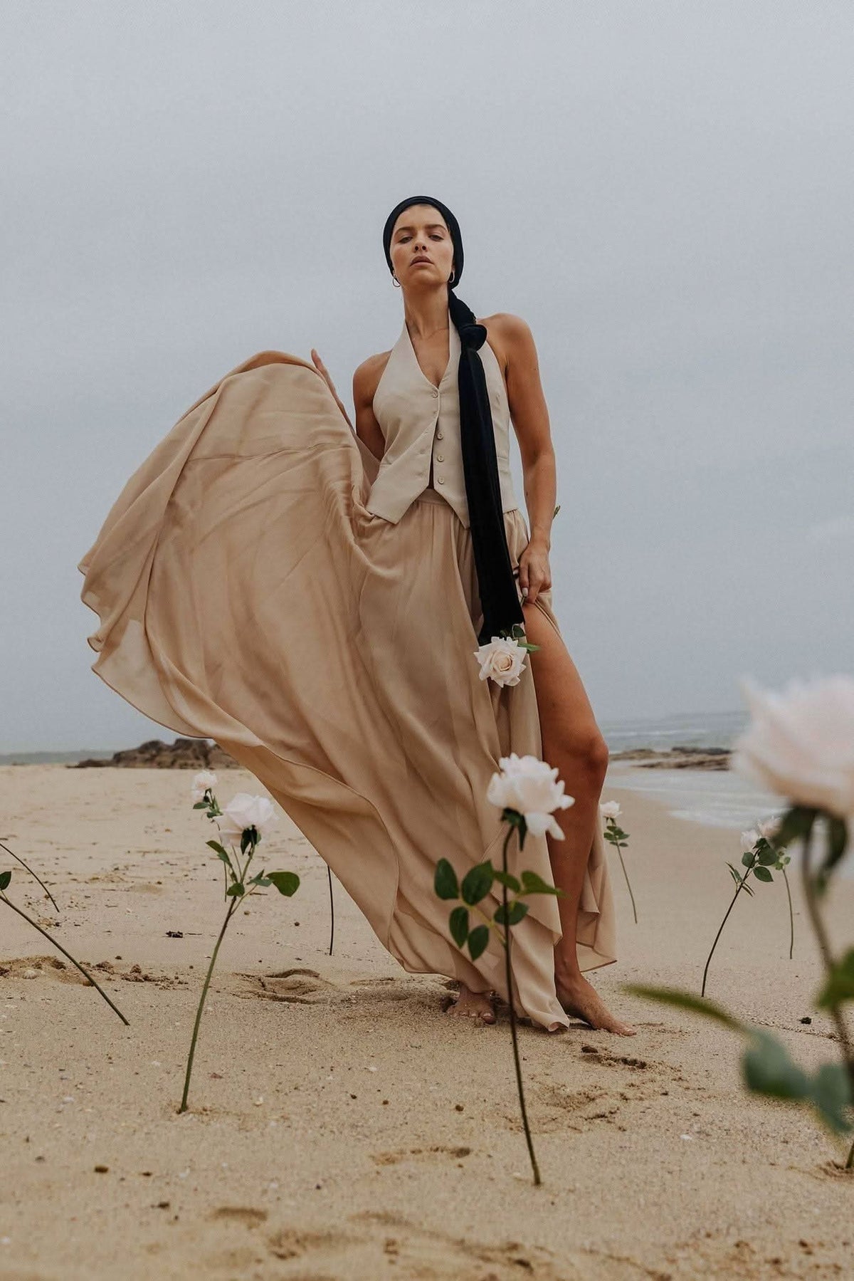 Stone flowing maxi skirt, gathered fabric with soft flare and long length