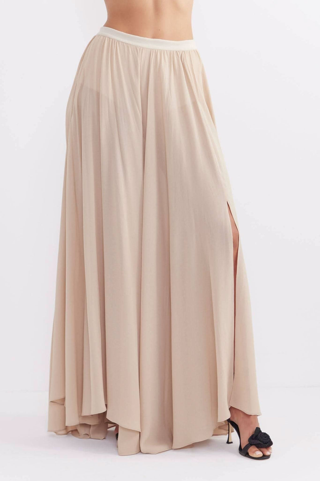Stone maxi skirt with pleated, gathered panels and side slit detail