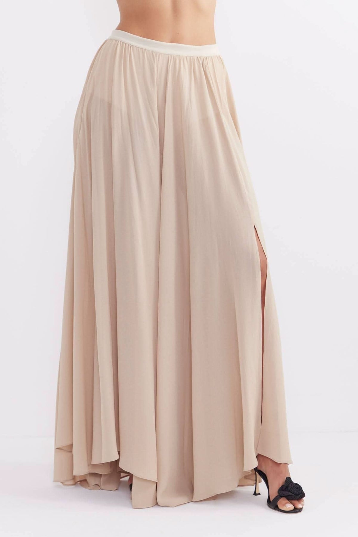 Stone maxi skirt with pleated, gathered panels and side slit detail