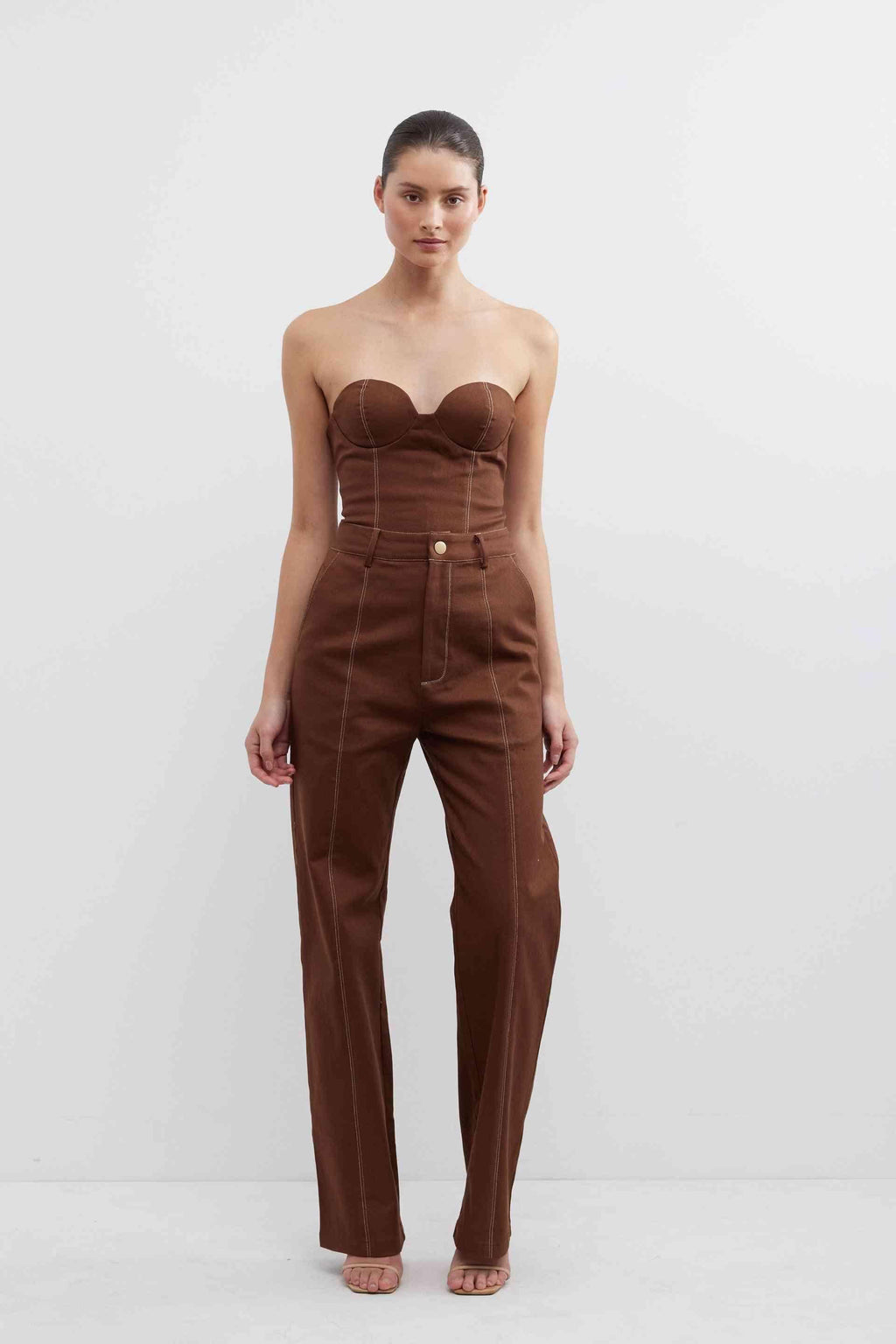 Fudge brown high-waist pants with belt loops, button front, and front pockets