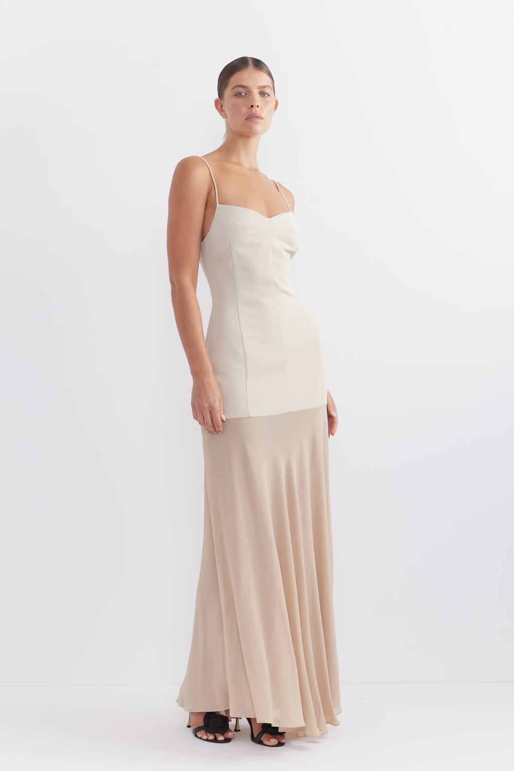 Stone spaghetti-strap maxi dress, side view with fitted bodice and long skirt