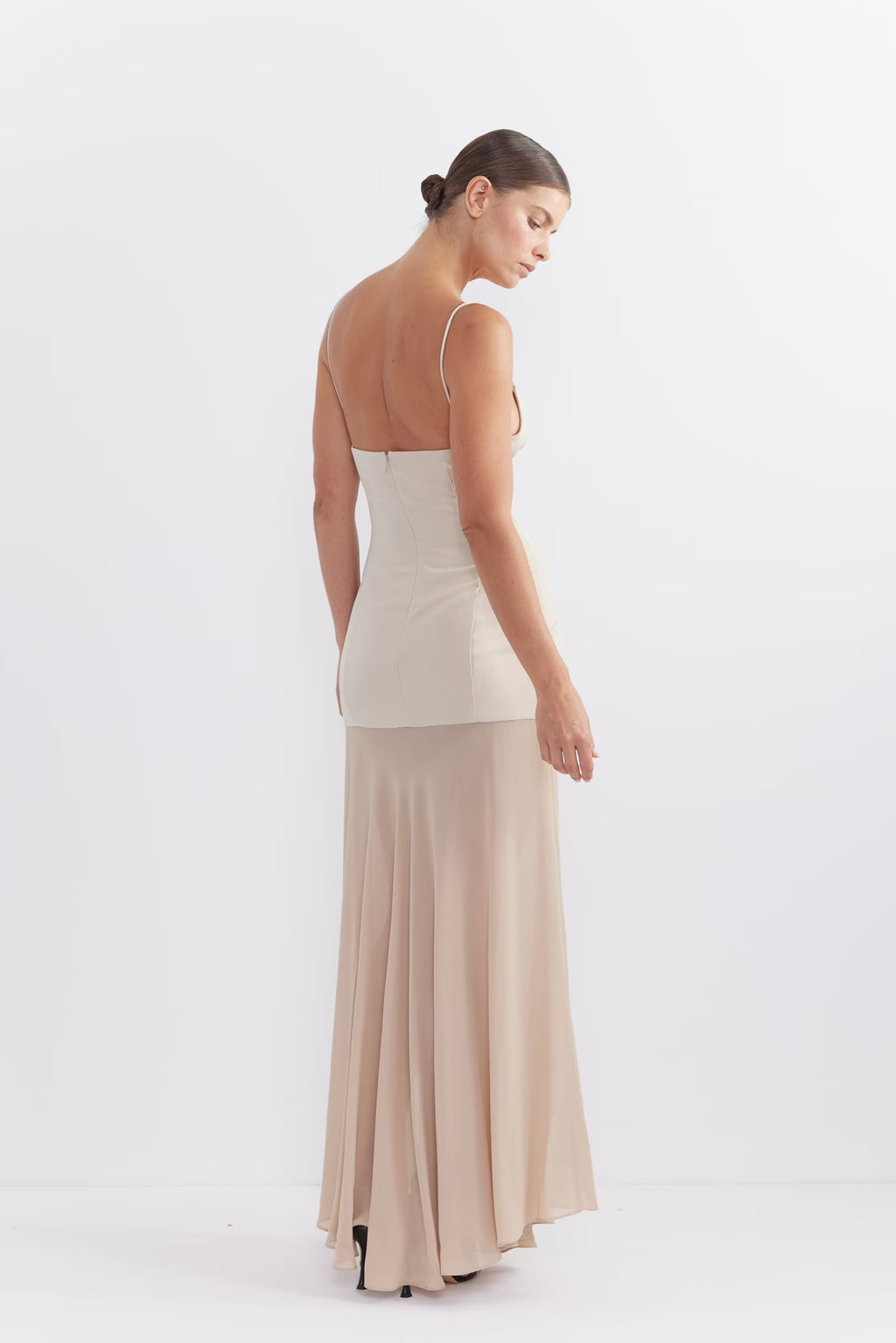 Stone spaghetti-strap maxi dress, back view with low-cut back and flowing skirt