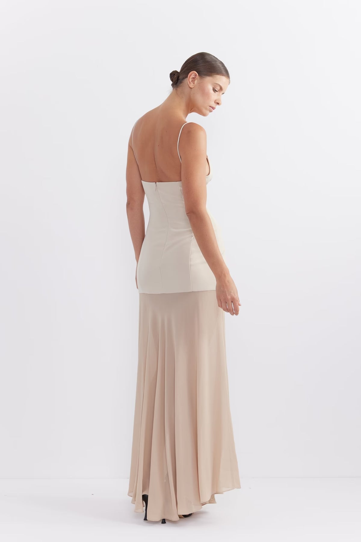 Stone spaghetti-strap maxi dress, back view with low-cut back and flowing skirt