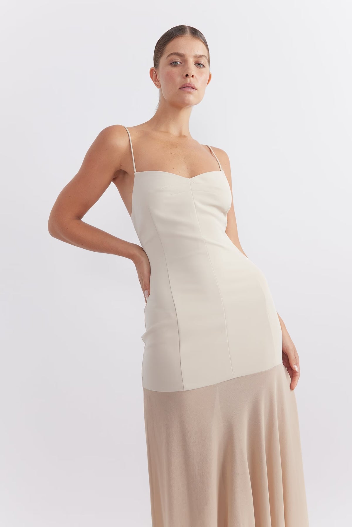 Stone fitted bodice maxi dress with spaghetti straps, seam detail, and draped skirt