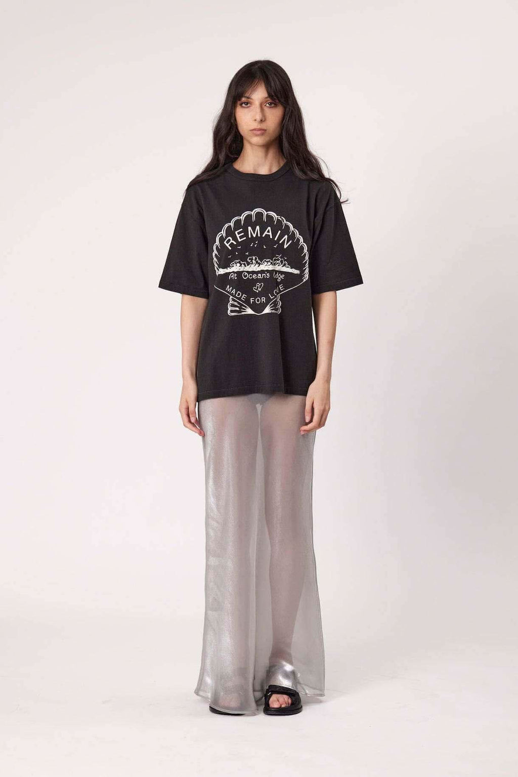 Washed black tee with front ocean-style graphic logo, short sleeves