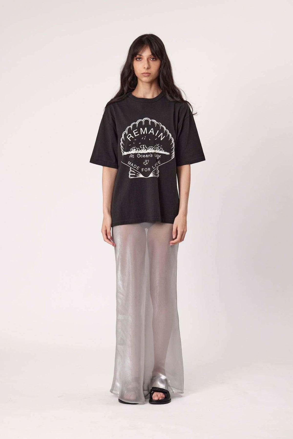 Washed black tee with front ocean-style graphic logo, short sleeves