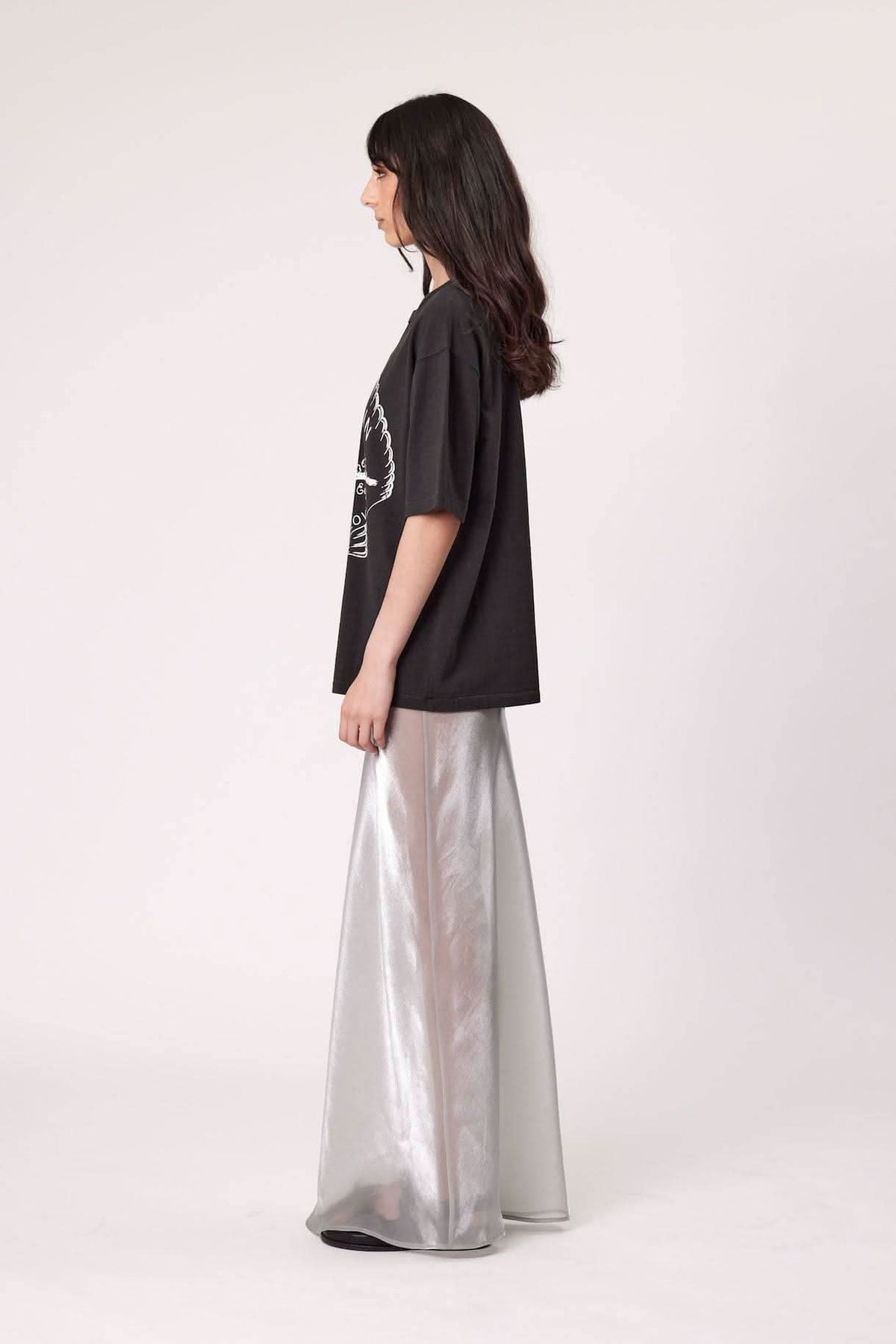 Washed black graphic tee with large rear logo print, short sleeves