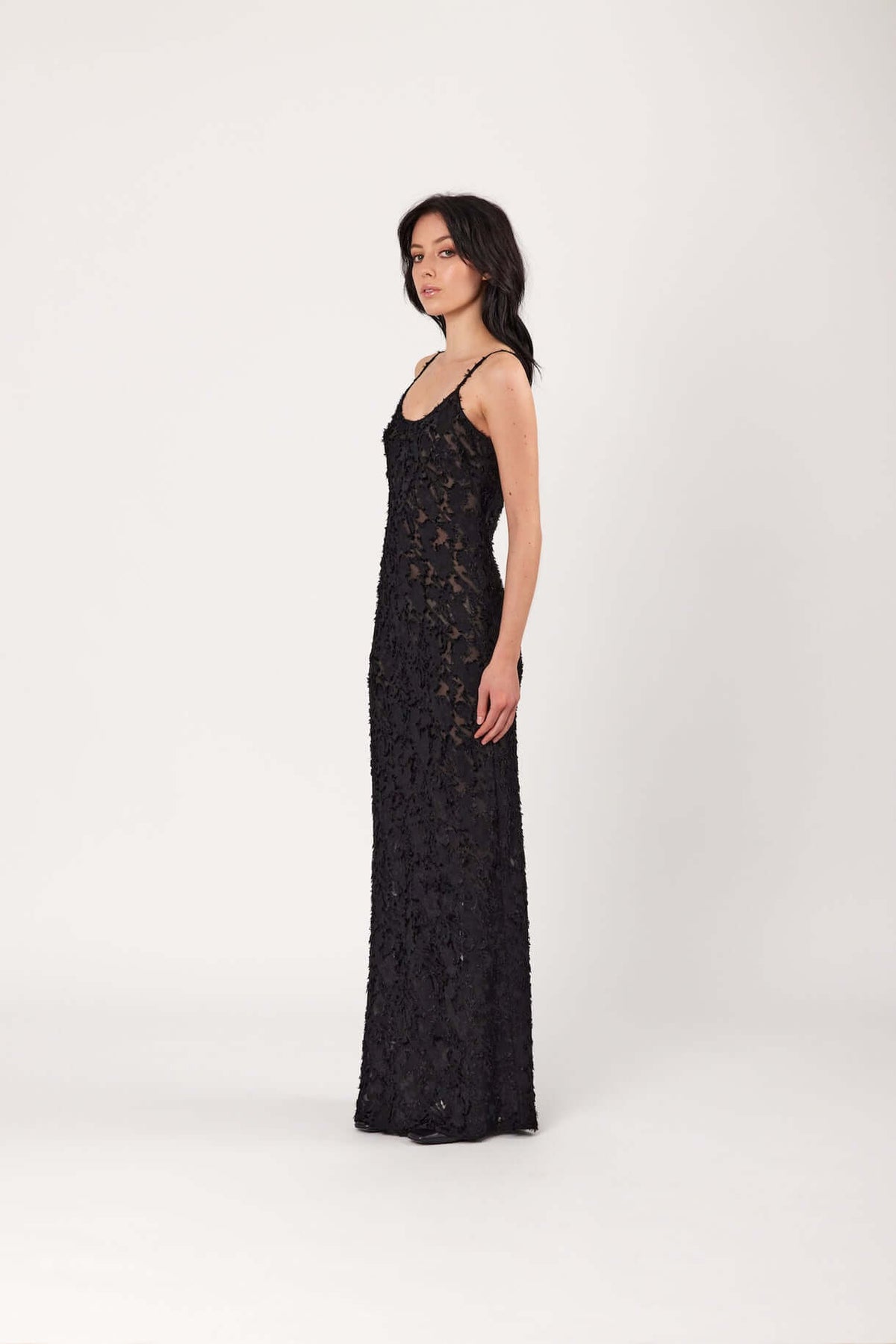 Black lace slip dress with spaghetti straps, sleeveless maxi column silhouette