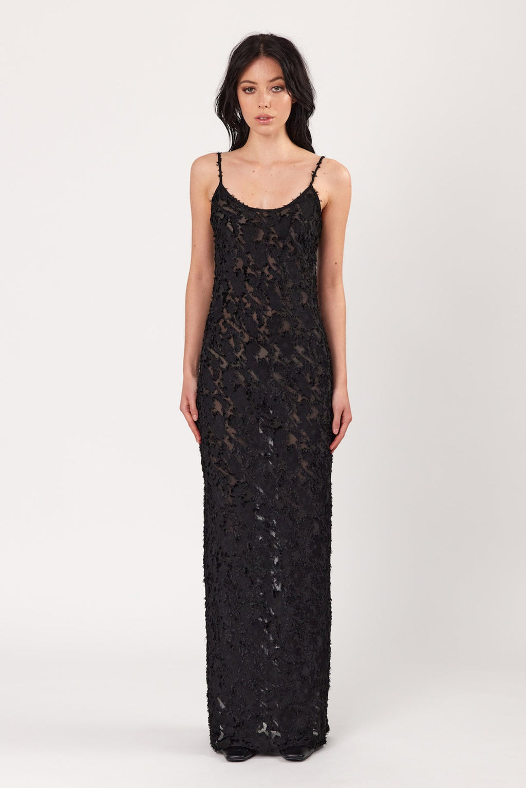 Black lace slip dress with spaghetti straps, long column silhouette, maxi length