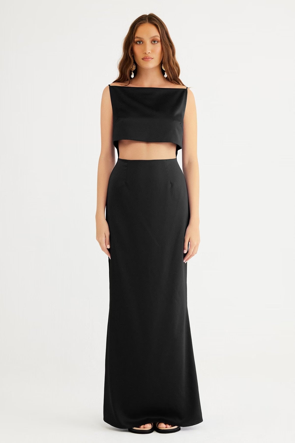 Black sleeveless crop-top gown with long column maxi skirt, high-waist two-piece set