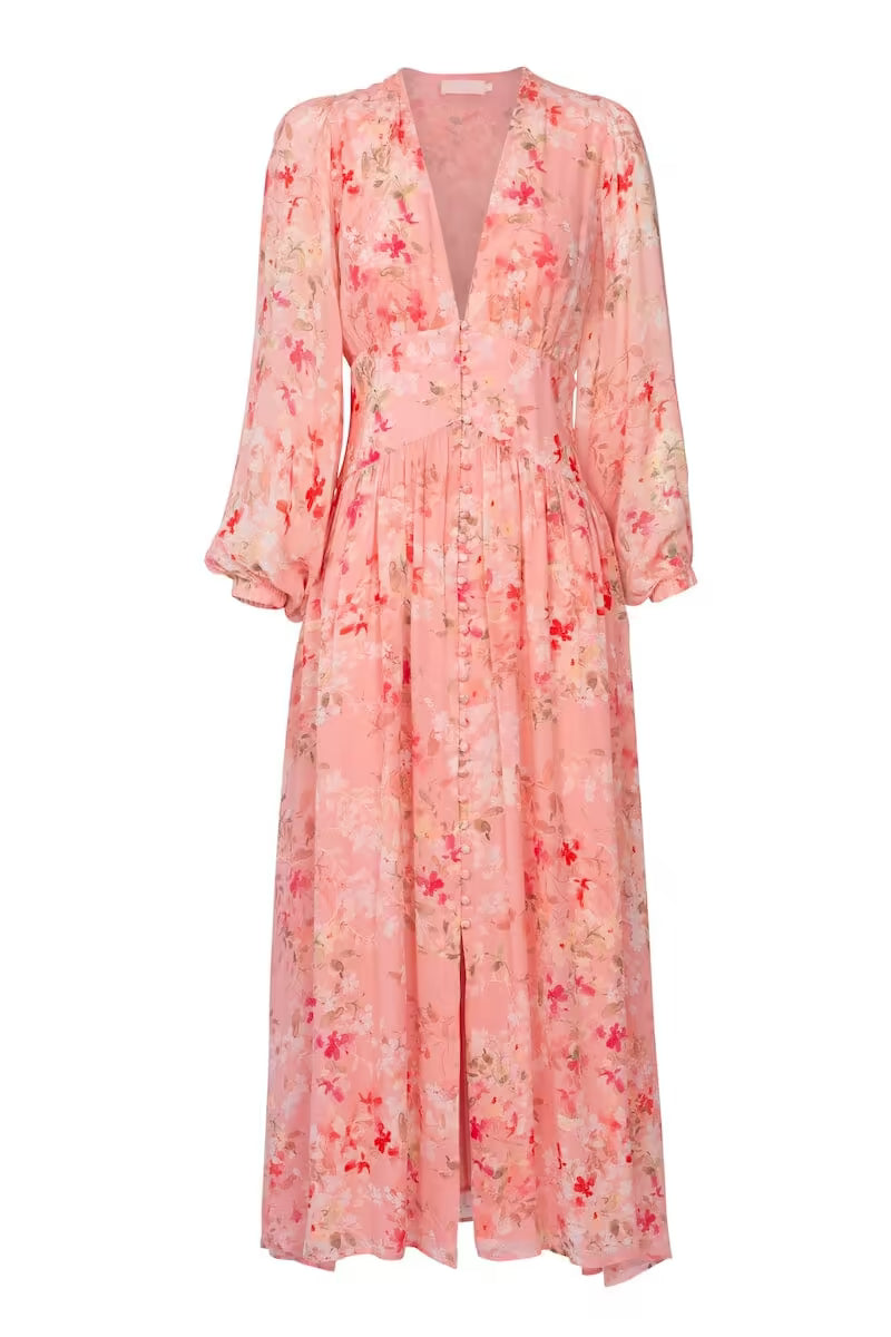 Pink sheer midi dress with floral print, long sleeves, V-neck and tiered skirt