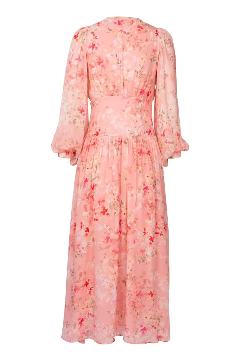 Pink sheer midi dress back view with floral print and V-shaped neckline detail