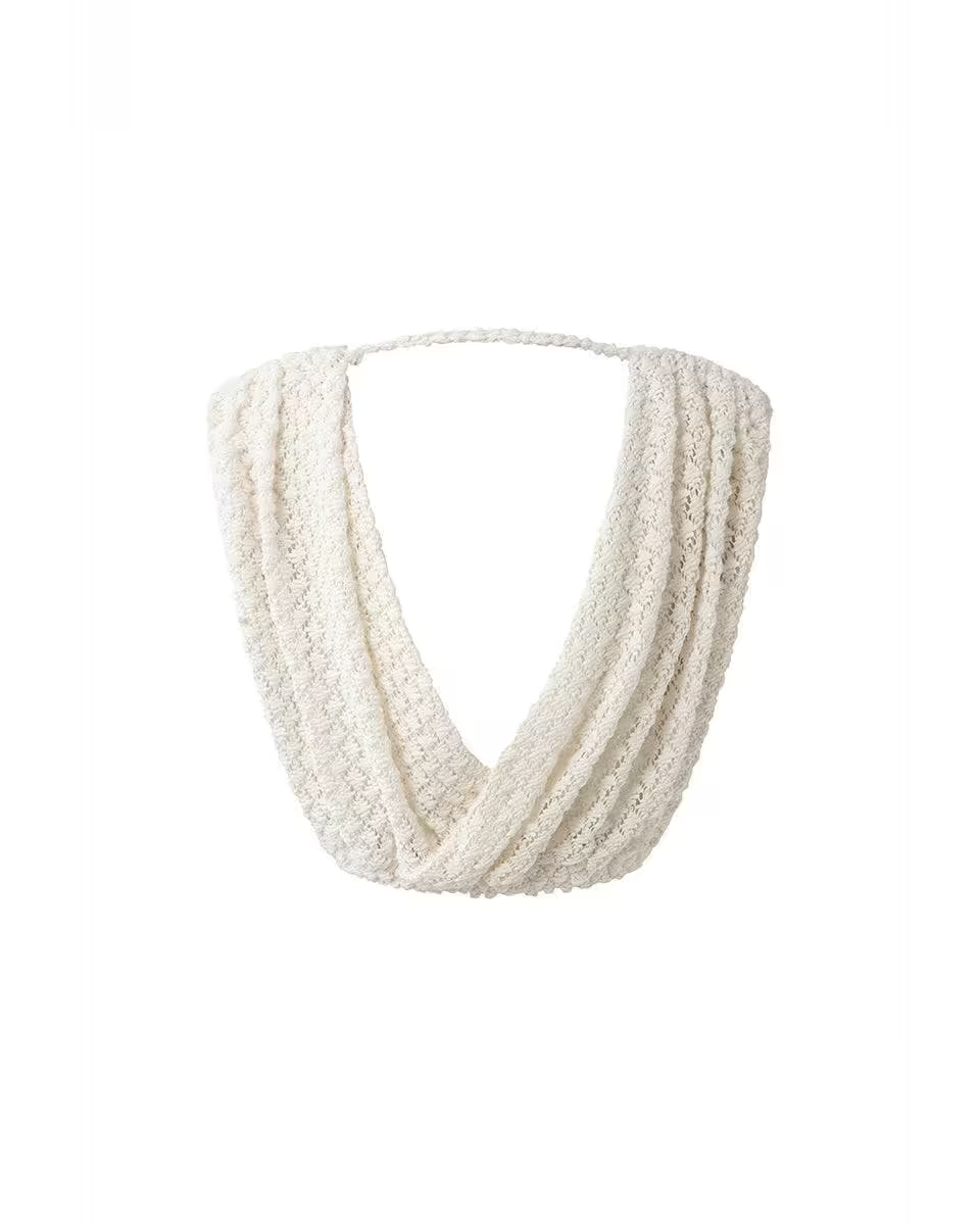 Ivory draped crop top with deep V neckline and textured knit