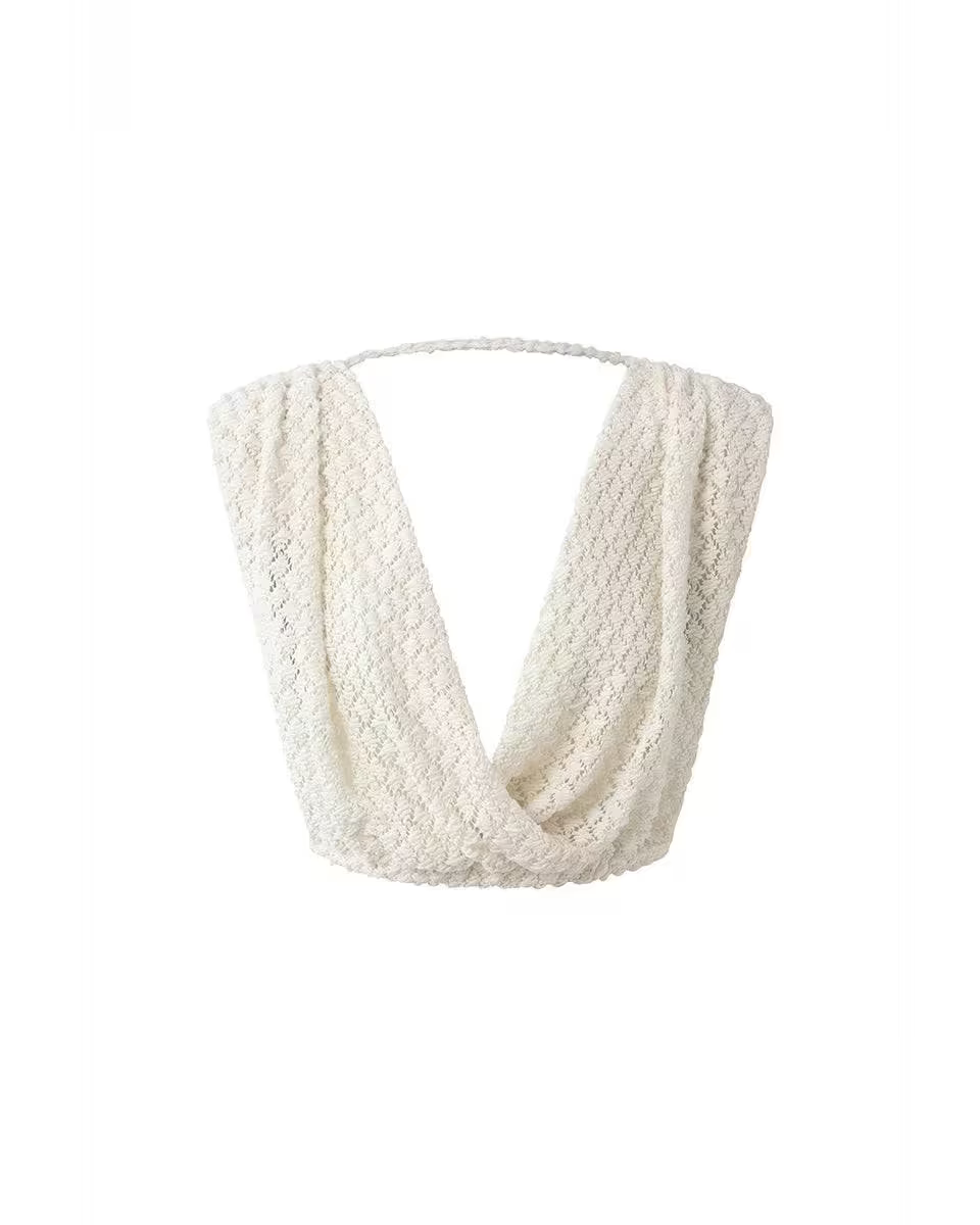 Ivory draped crop top with deep V neckline, textured knit, and gathered trim