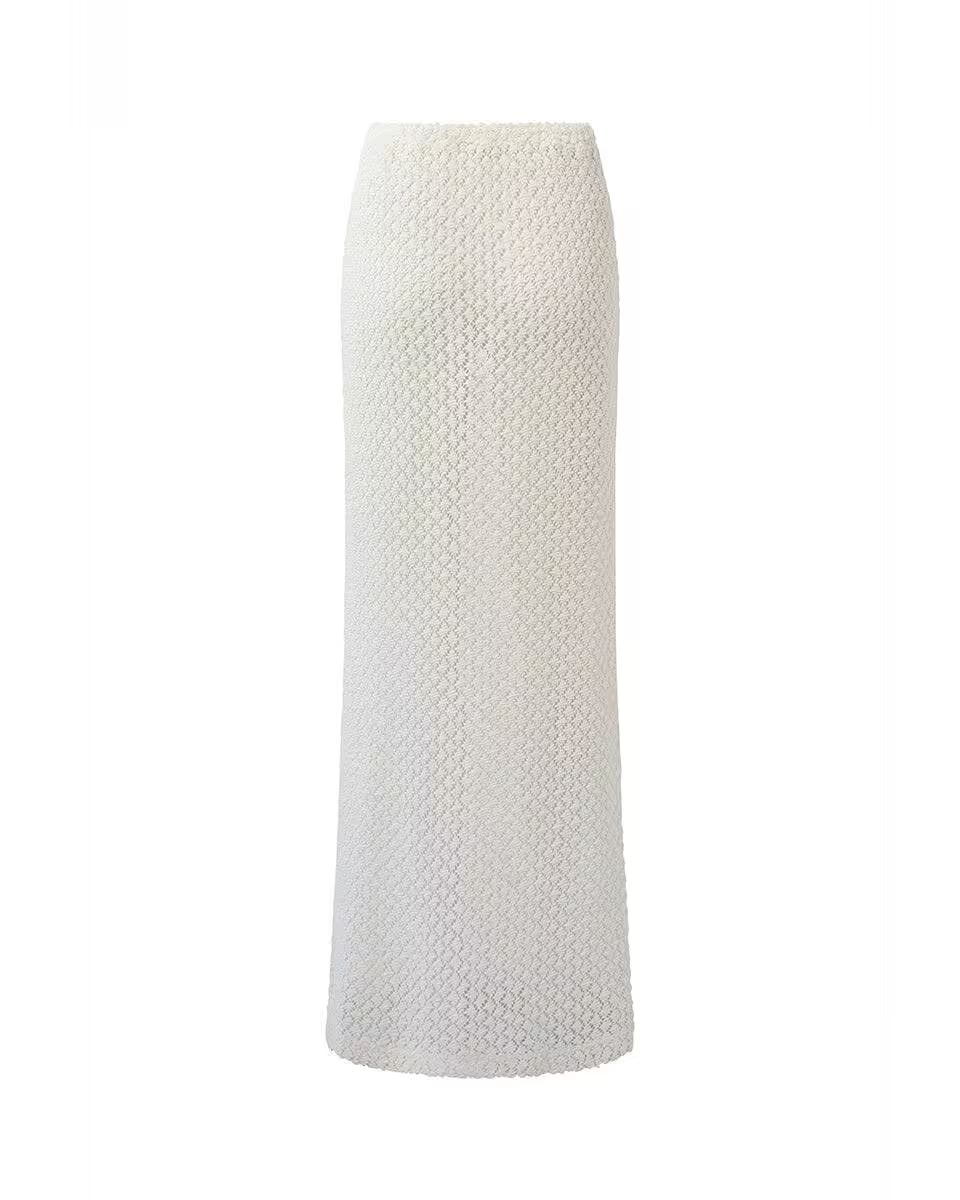 Ivory high-waist maxi skirt with textured lattice knit and straight floor-length hem