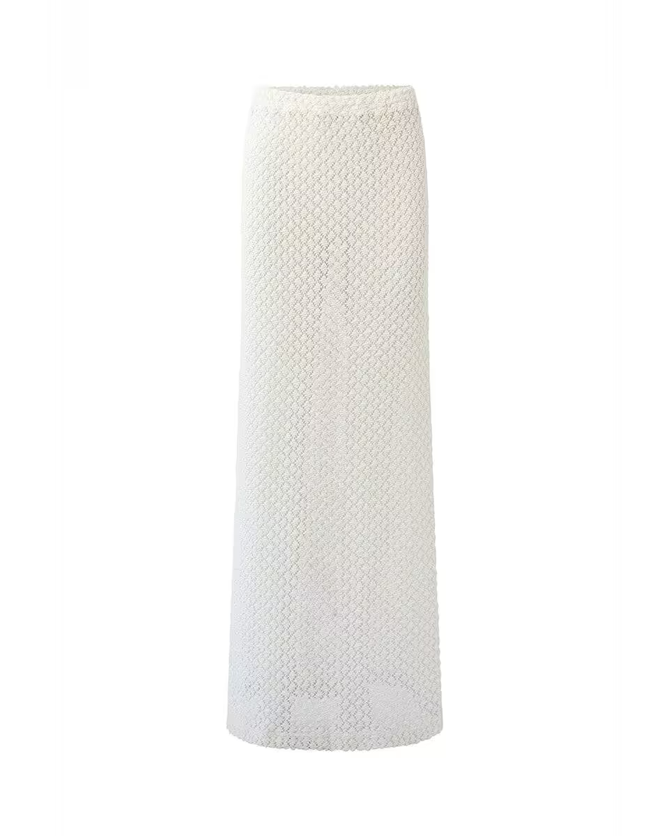 Ivory high-waist maxi skirt, textured lattice knit, straight floor-length hem