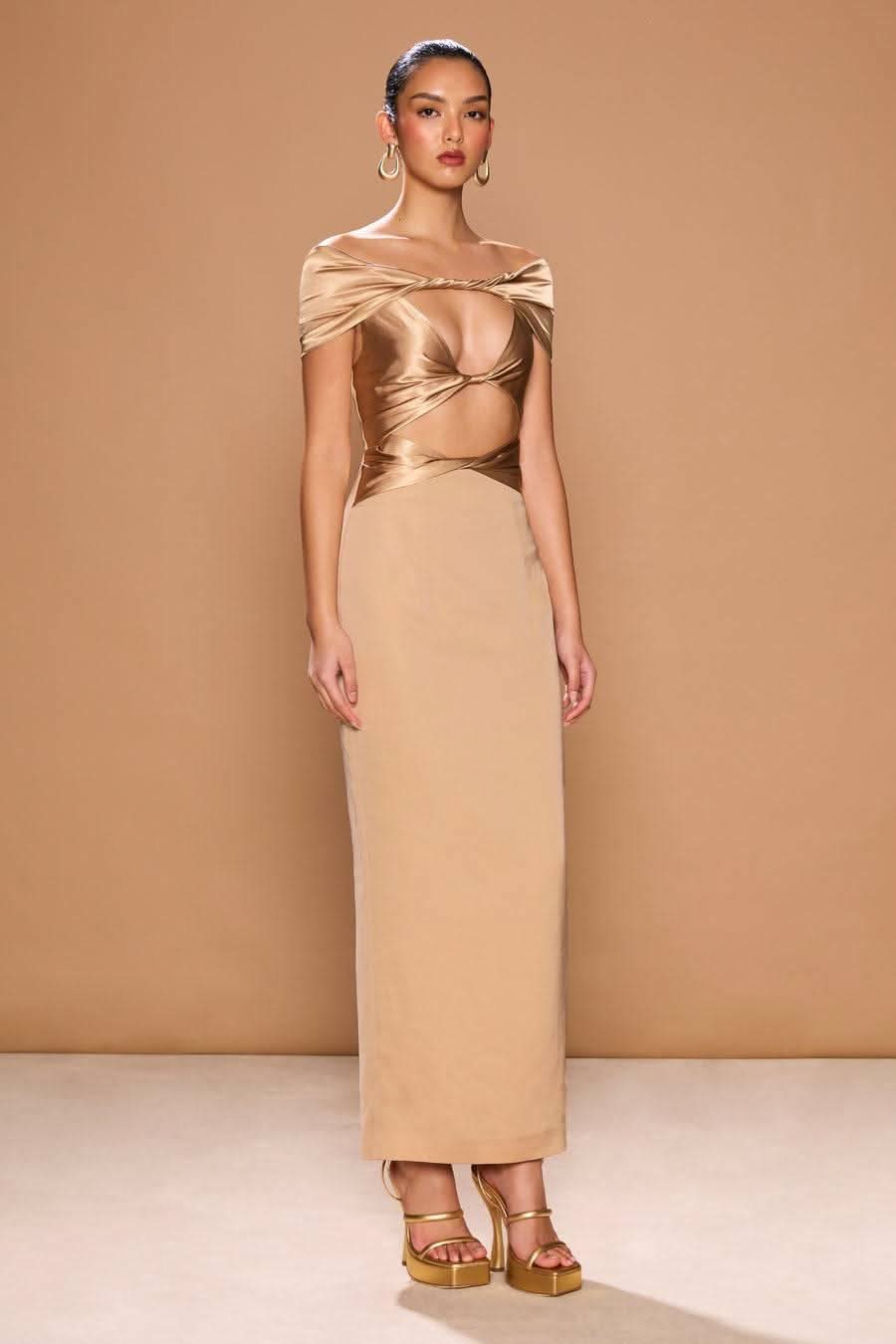 Rose gold satin midi dress with off-shoulder sweetheart neckline and fitted waist