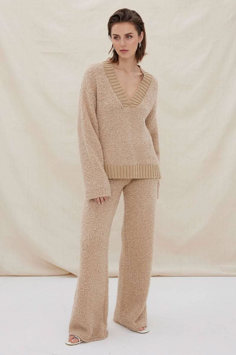 Mink knit pant with wide leg silhouette and ribbed waistband