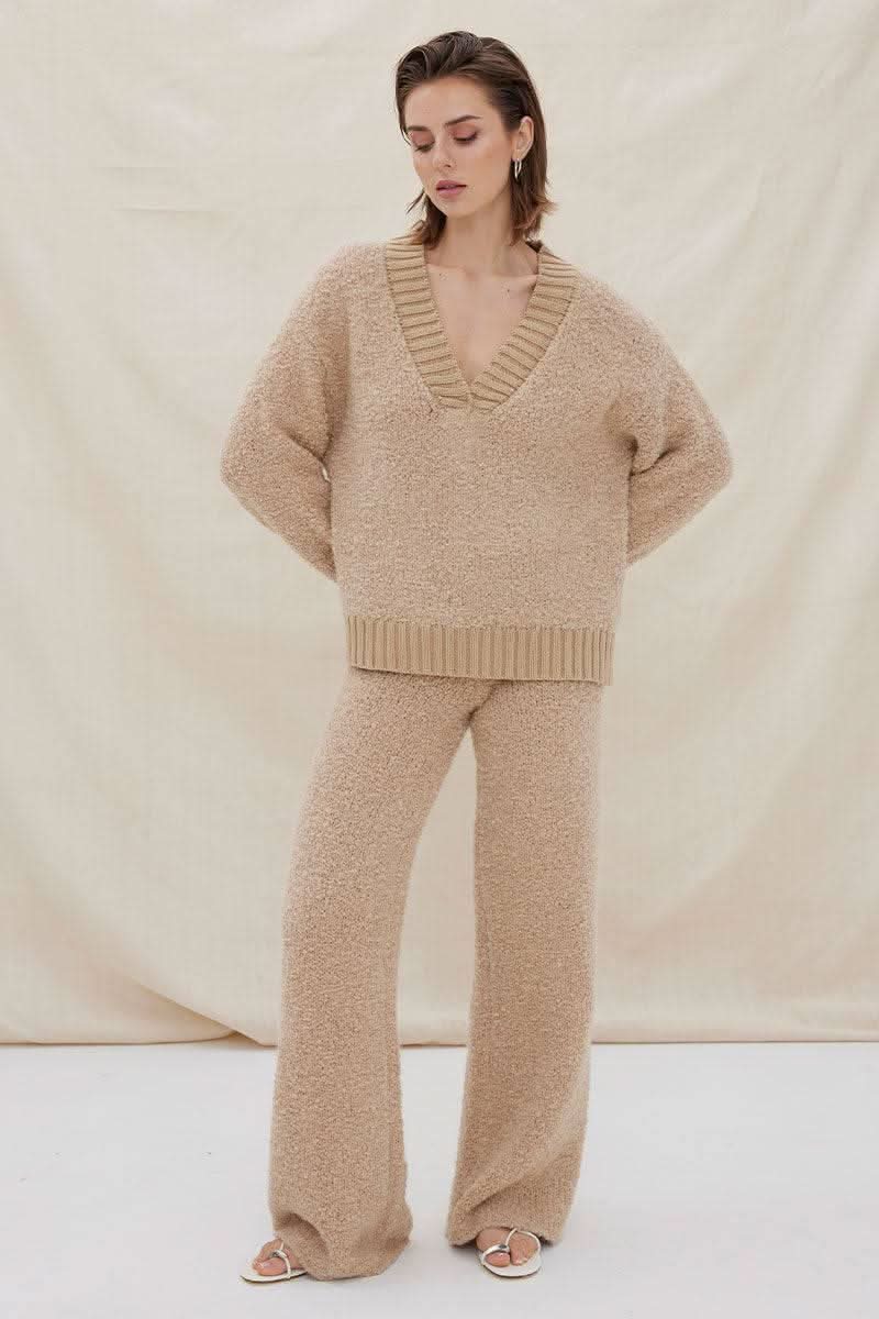 Mink knit pant set bottom: wide-leg trousers with ribbed waistband
